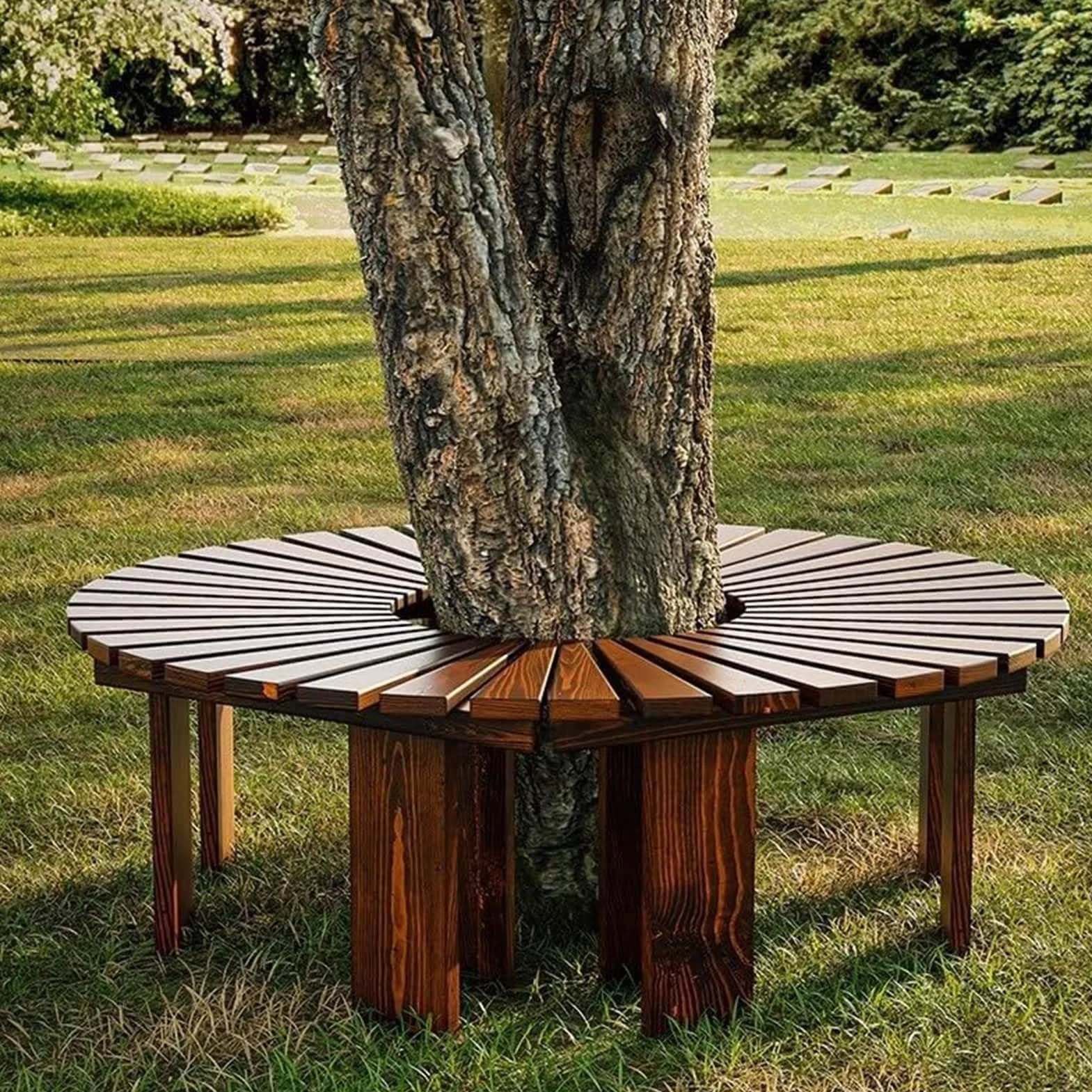 Panca da giardino per esterni per grandi alberi, panchine semicircolari per patio, panchine in legno massello senza schienale, seduta a doghe per portico, prato, giardino, cortile, 4 colori(Marrone,Ha