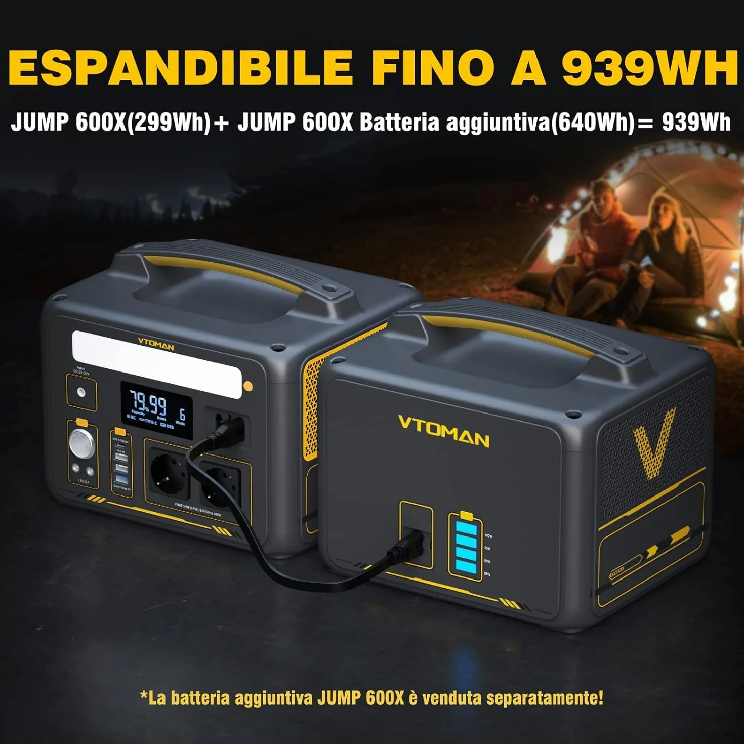 VTOMAN Jump 600X Centrale Elettrica Portatile - 600W/299Wh LiFePO4 Batteria Power Station Generatore Solare, Capacità Espandibile a 939Wh, per Campeggio, Emergenza, Viaggio