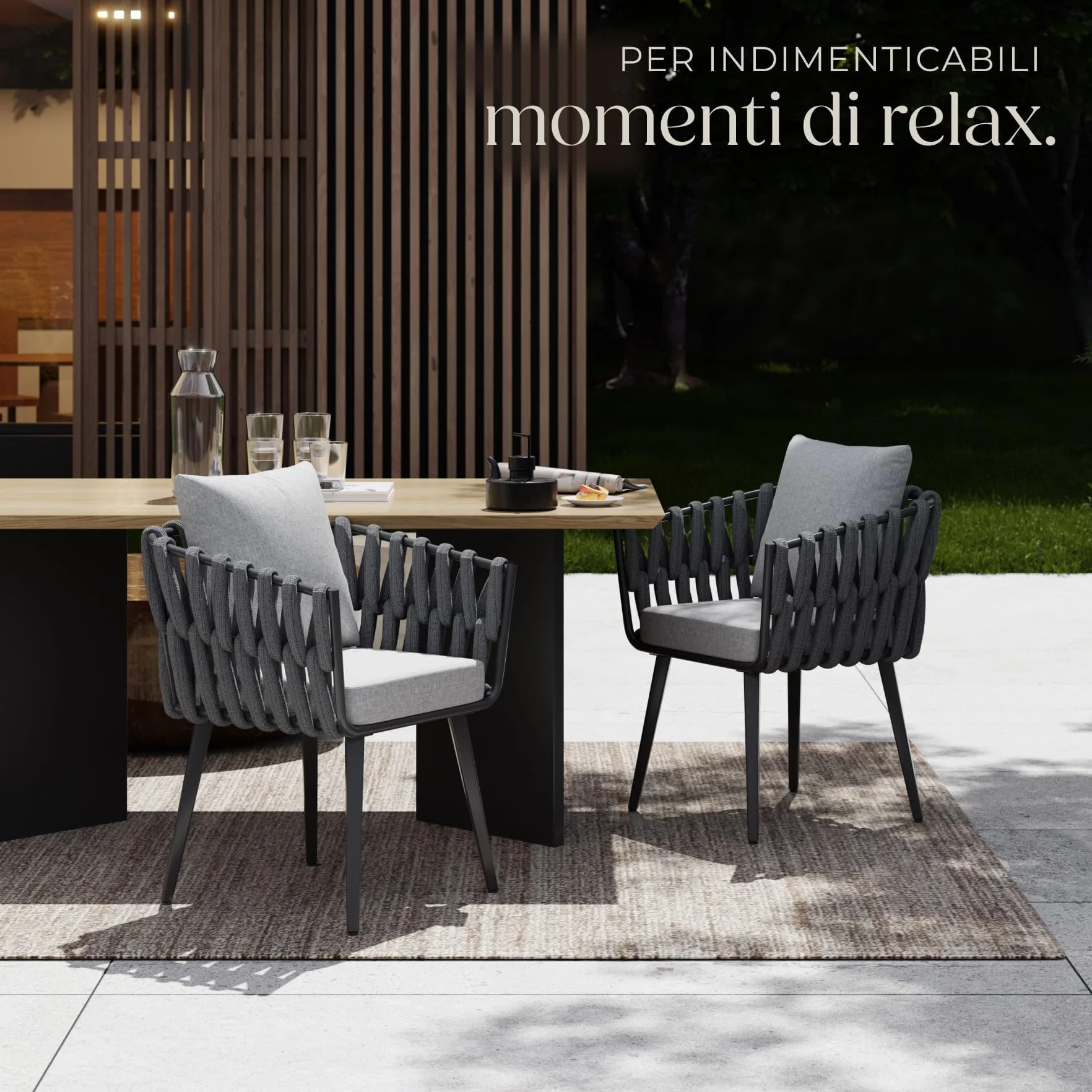 tectake® Set di 2 Sedie da Giardino, Design a Corda, Struttura in Alluminio, Cuscini Extra Spessi e Super Morbidi, Rivestimenti Idrorepellenti e Lavabili, Piedini Regolabili in Altezza - Antracite