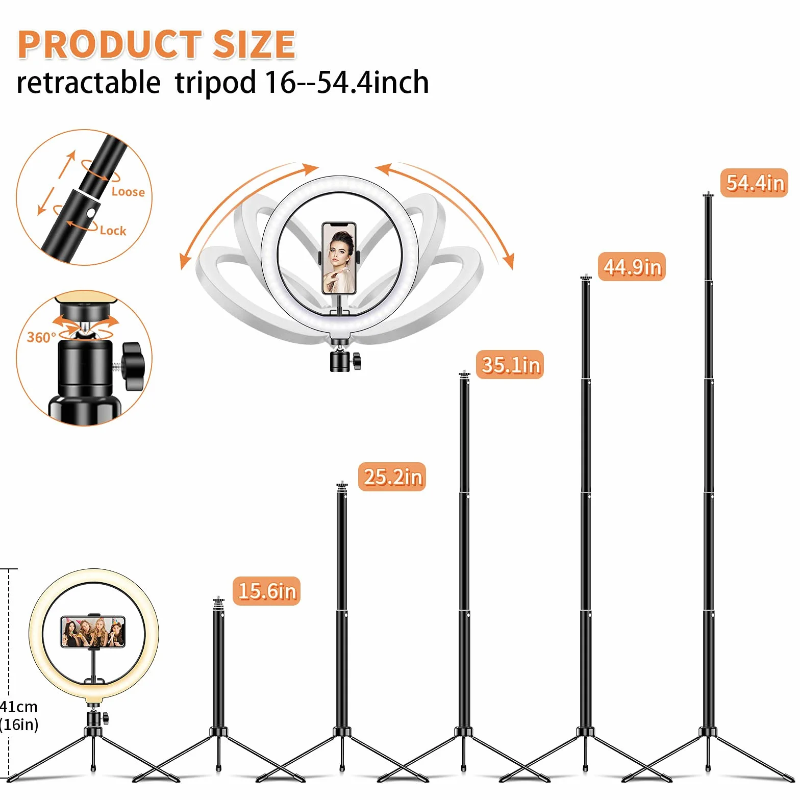 Deerfun LED Ring Light 54.4" Statyw Światło do Selfie 3 Tryby 10 Jasności Fotografia YouTube