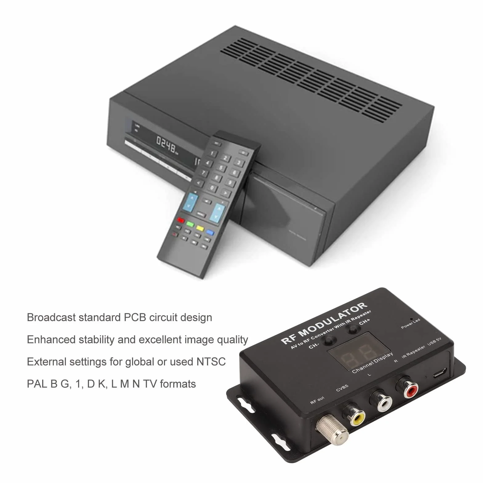 Modulatore RF Professionale da AV a RF PAL NTSC con Ripetitore IR