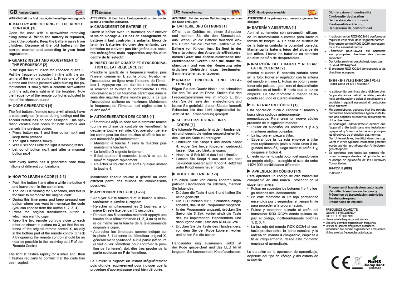 ROX QC4 Radiocomando Quarzato 4 tasti 30.900 Mhz