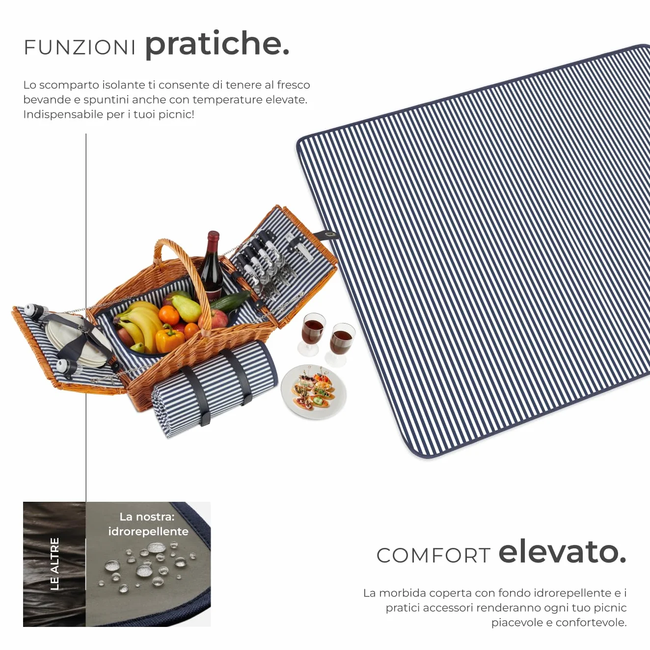 tectake®, cestino picnic 4 persone, cesto picnic vimini, coperta impermeabile, scomparto refrigerante, set picnic 23 pezzi, cestino termico picnic, camping accessori, camper, cesto picnic - Usedom