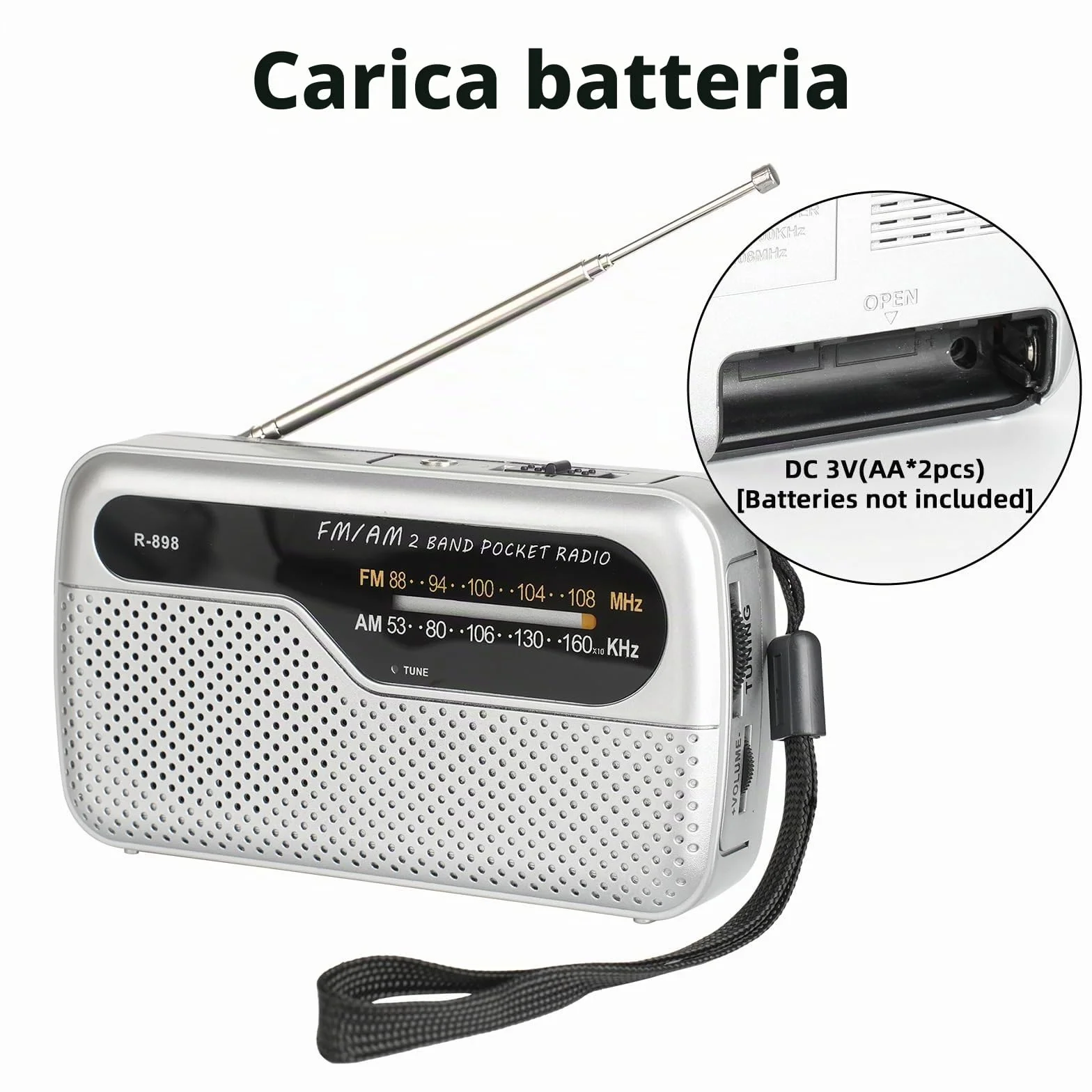 Radio portatile FM transistor con altoparlante potente, funziona con 2 batterie AA, argento