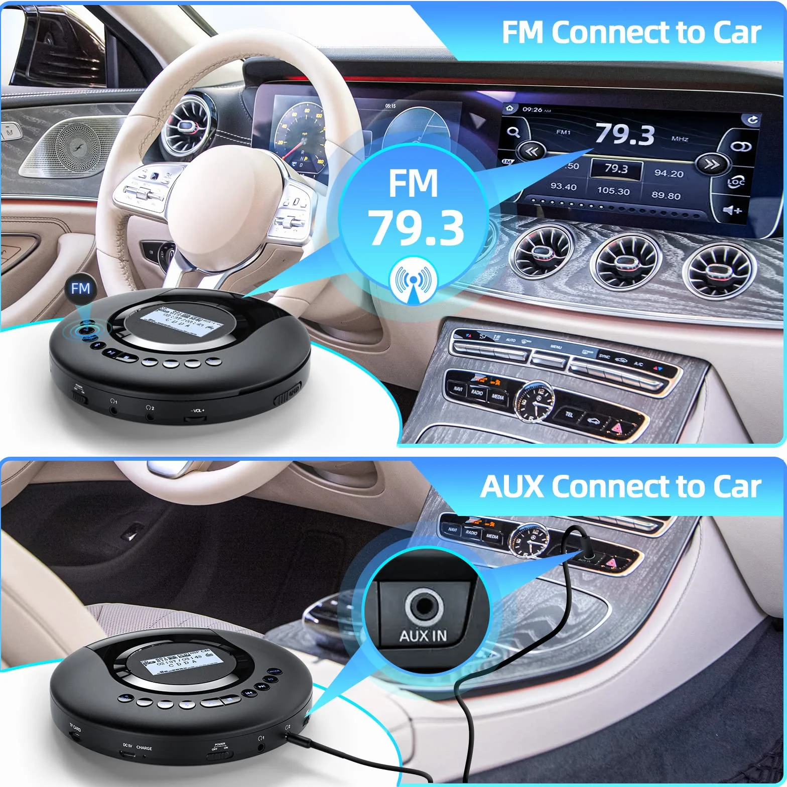 Arafuna Lettore CD portatile Bluetooth, Discman ricaricabile 2000 mAh schermo LCD, protezione antiurto FM