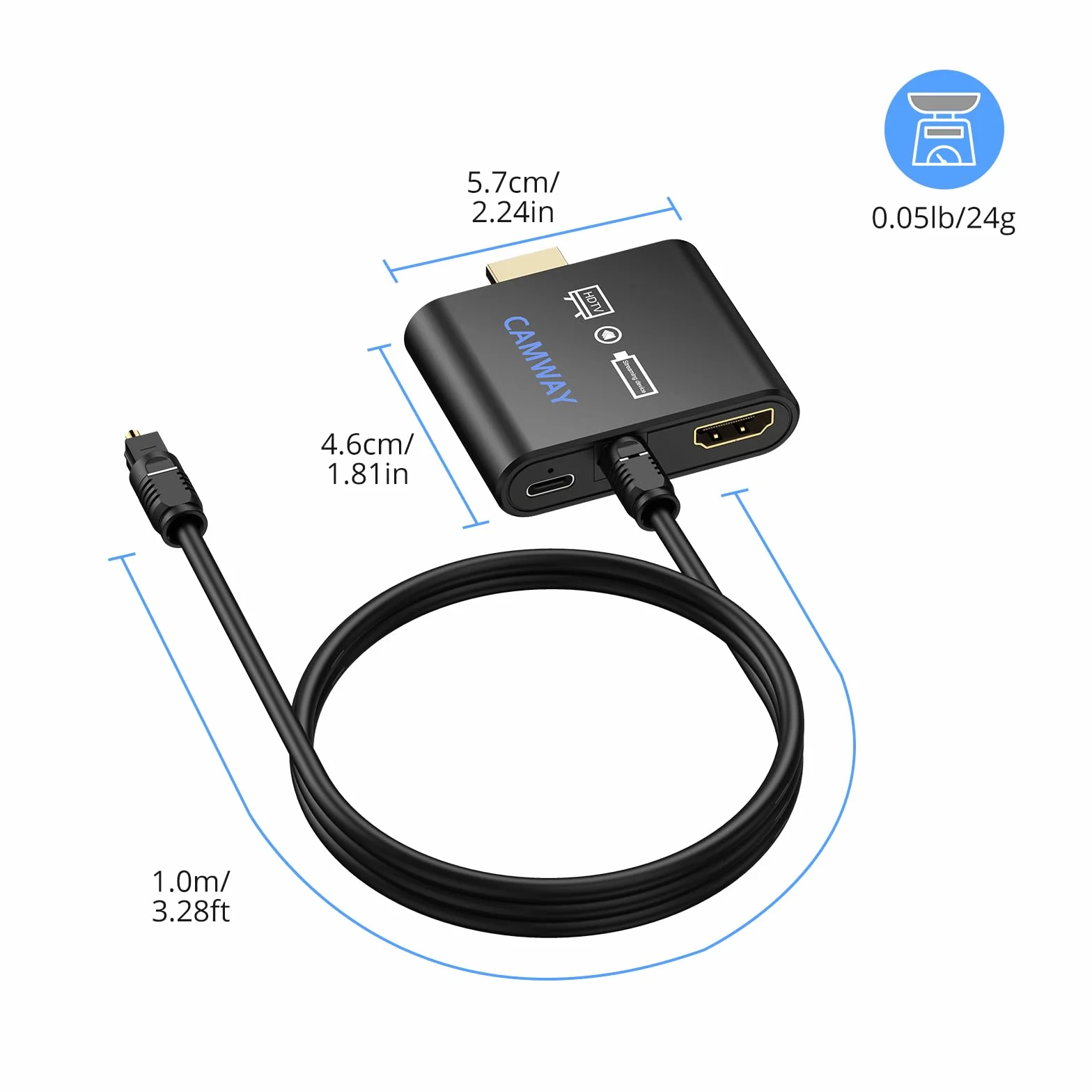 CAMWAY Estrattore Audio HDMI Convertitore HDMI Ottico 5.1 Canali 4K@30Hz Cavo Ottico 1M Dobly DTS
