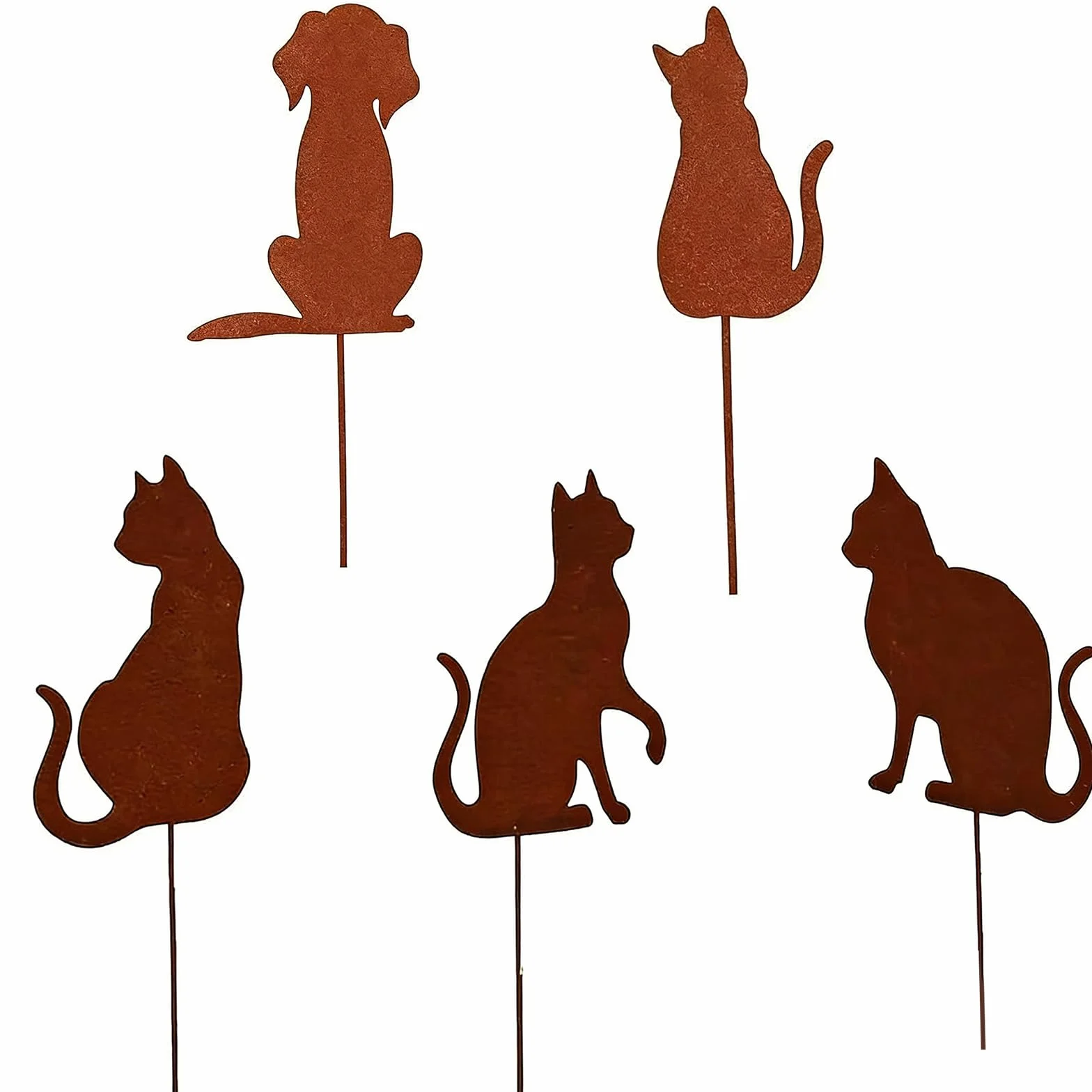 5 Pezzi Cani e Gatti Decorazione Giardino Ruggine, Spine da Giardino in Stile Arrugginito, per Terrazza e Balcone, Altezza ca. 18 cm