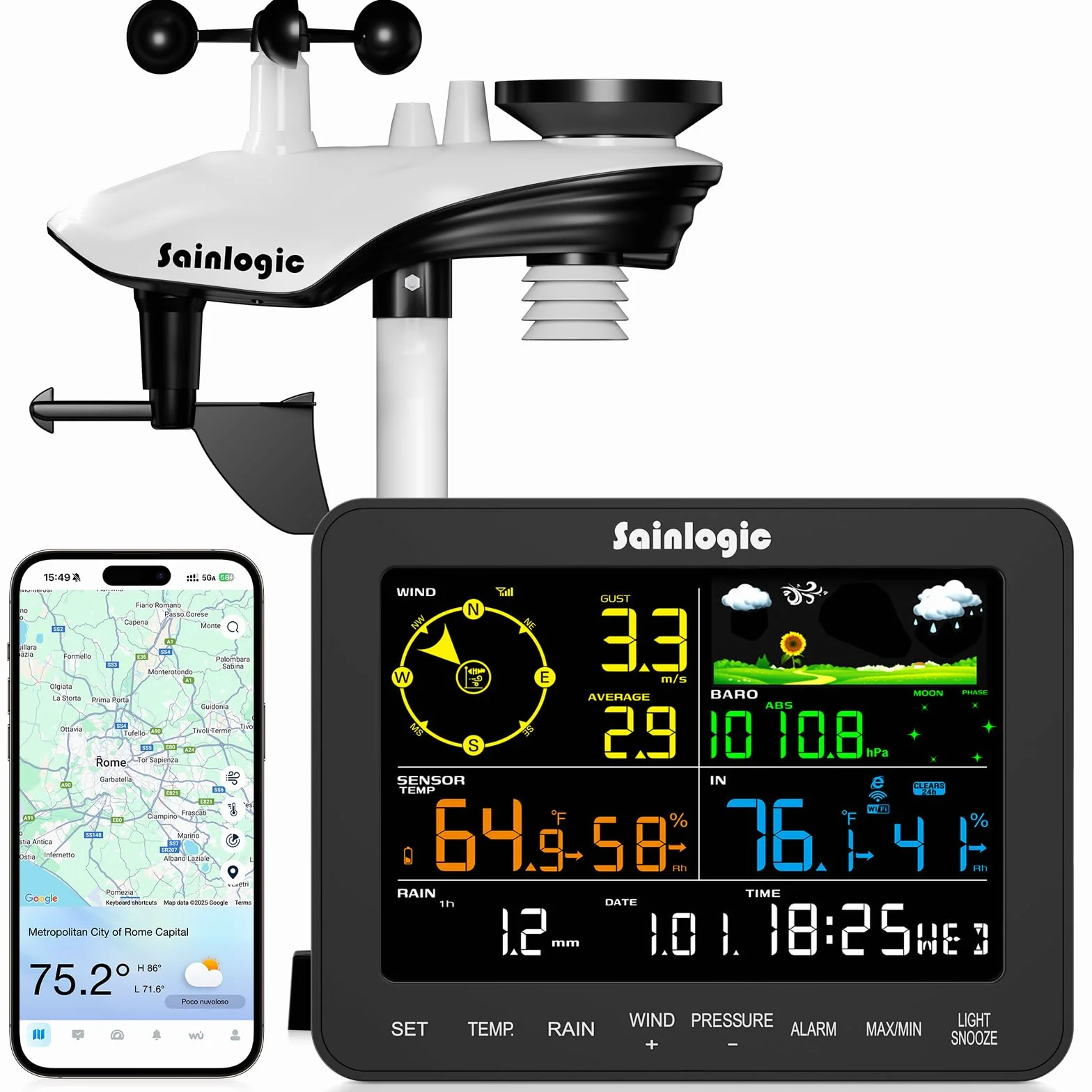Sainlogic Stazione meteorologica intelligente con WLAN, Previsioni meteo IA 24/7 di Weatherseed®, Avvisi APP ed Email, Pluviometro e Anemometro Digitale, Archiviazione dati di 2 anni (Solo 2.4 GHz)