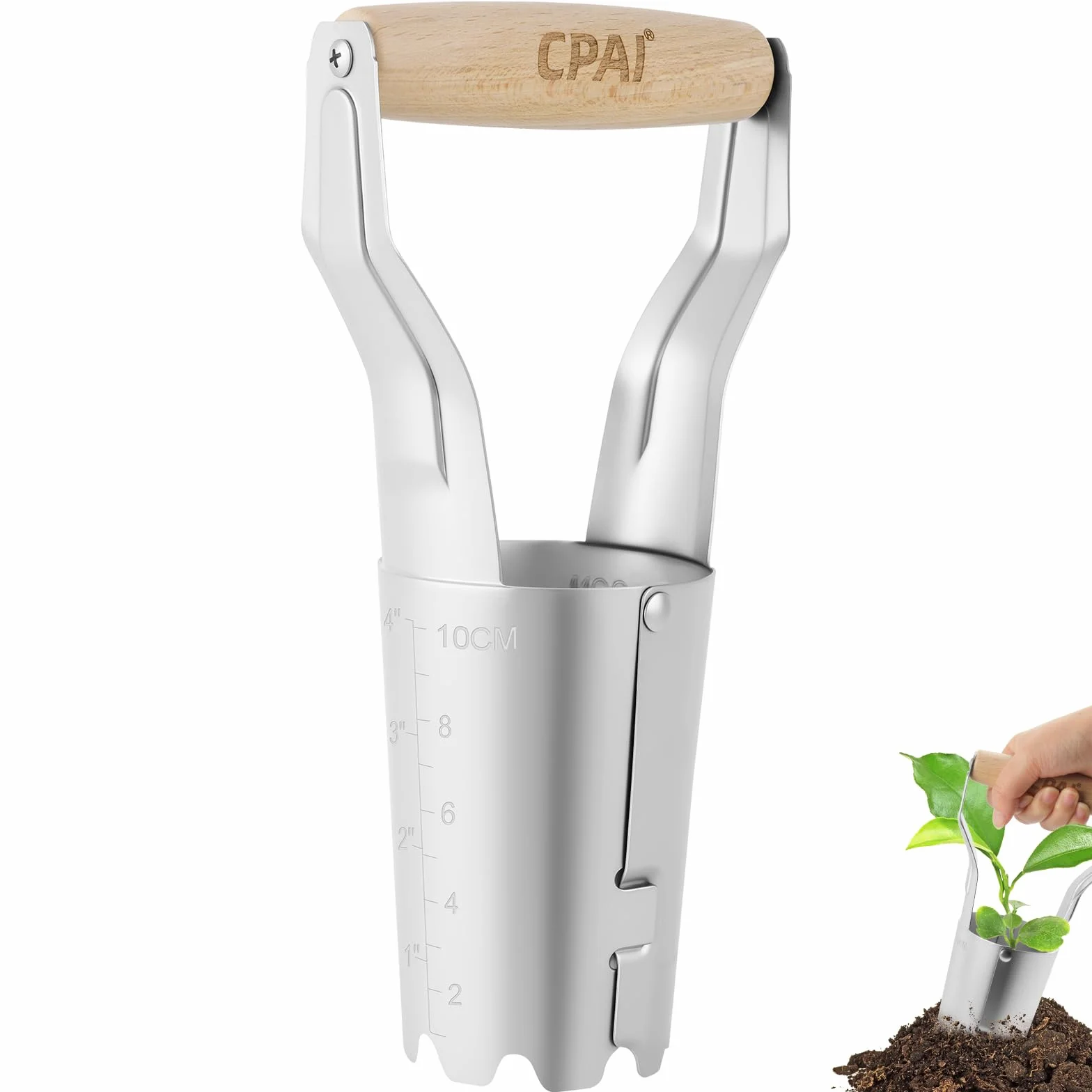 Strumento Pianta Bulbi, Strumento per Piantare Ferro Cromato Graduato, Trapiantatore foraterra manuale per bulbi, Piantabulbi Veloce, Manico in Legno per Bulbi, Pianta Ortaggi