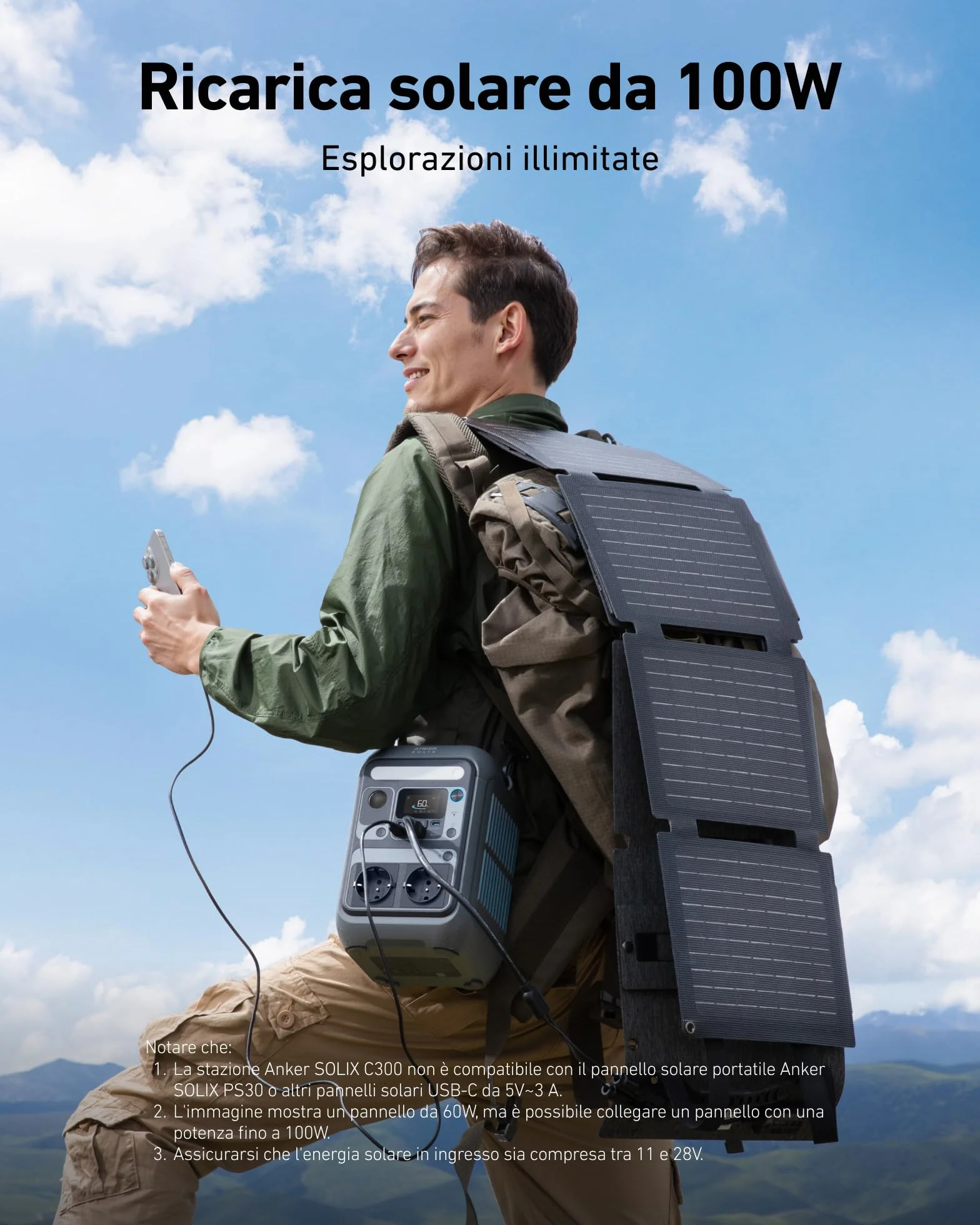 Anker SOLIX C300 centrale elettrica portatile, batteria LiFePO4 da 288Wh, generatore solare da 300W (picco 600W), ricarica bilaterale da 140W, campeggio, viaggi, emergenze (pannello solare opzionale)