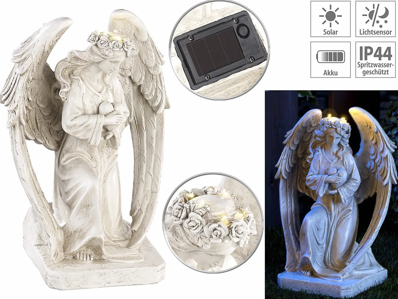 Lunartec Statue da Giardino - Angelo: Figura di Angelo Custode LED Solare, per Interni ed Esterni, 24,5 cm, IP44 (LED per Esterni, Tomba, Tomba)