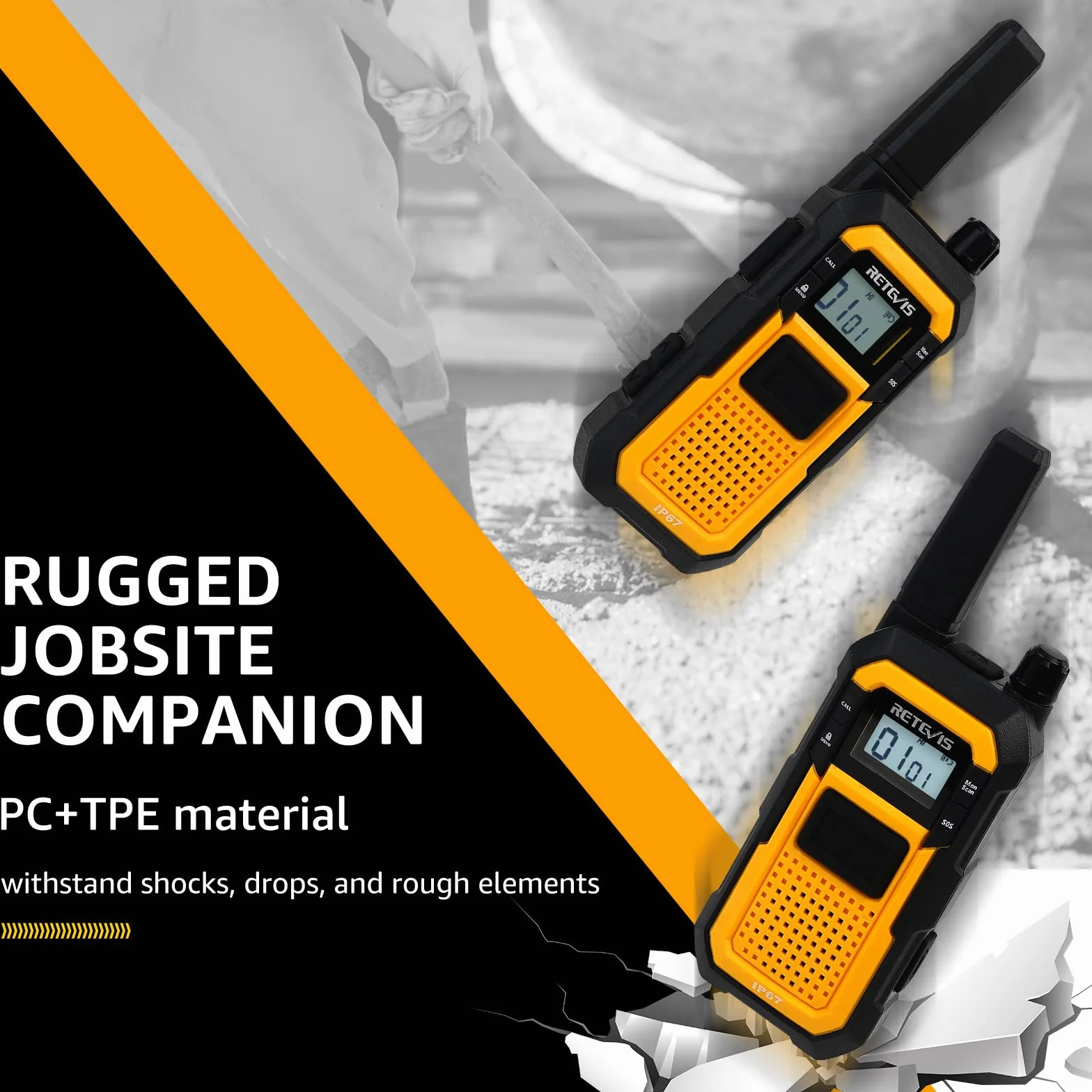 Retevis RB648 Walkie Talkie Robusto, Radio Bidirezionale Impermeabile IP67, 2000mAh Ricaricabile, Doppio PTT, 4 Pezzi Giallo