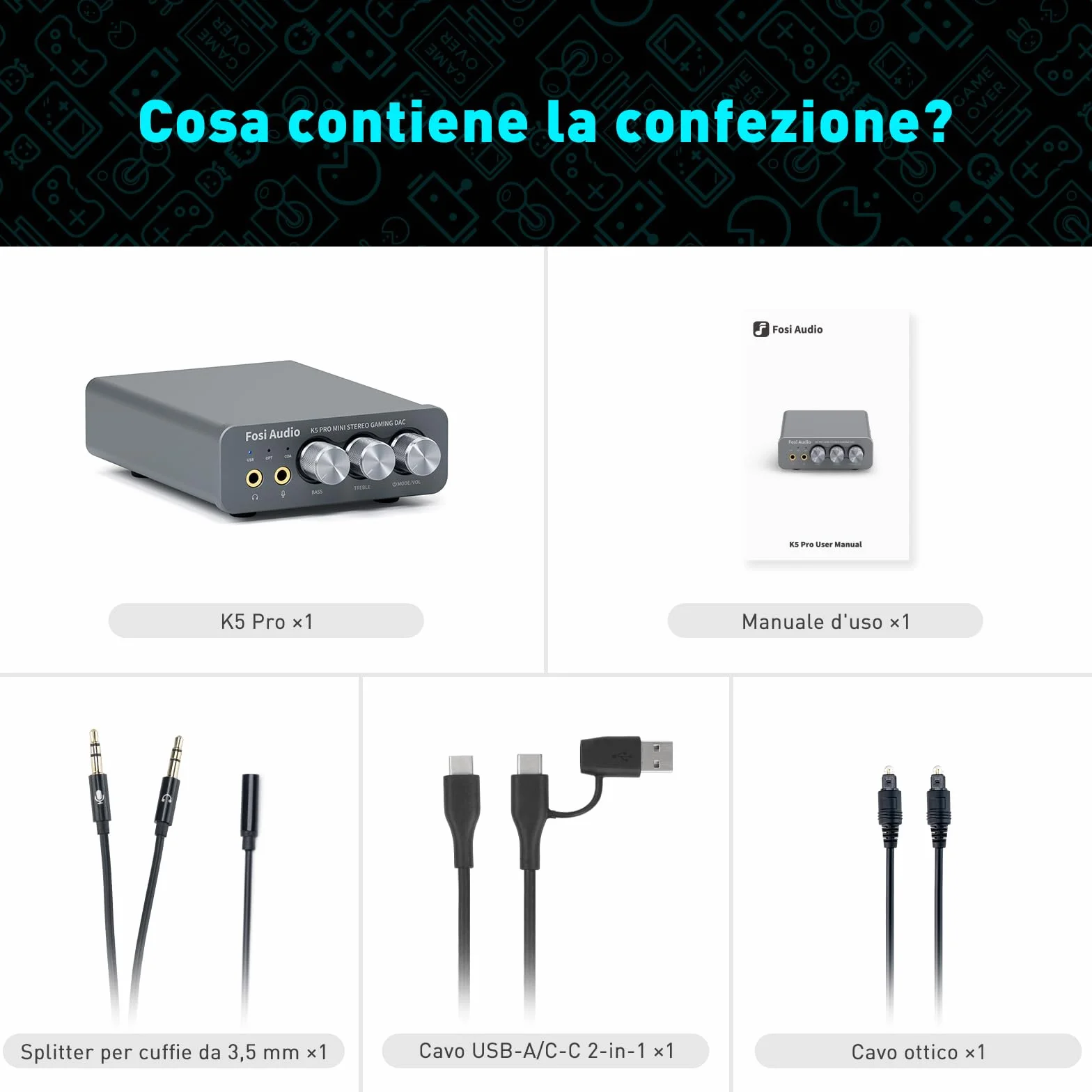 Fosi Audio K5 Pro Amplificatore per Cuffie DAC USB C Uscita 3,5 mm RCA Ingresso Microfonico Ottico Coassiale USB Type C Gaming DAC AMP Hi-Res PS5 PC MAC