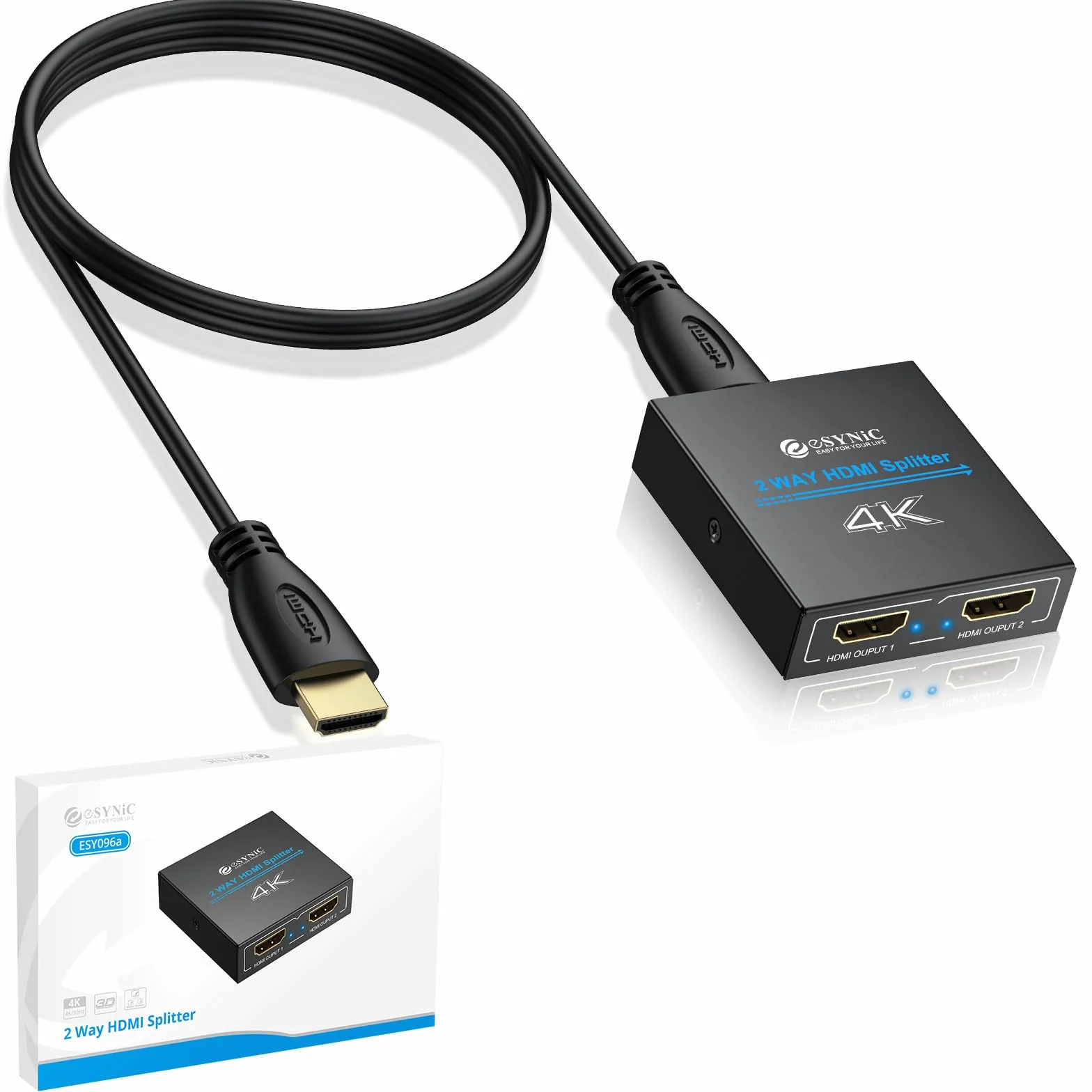 ESYNiC HDMI Splitter 1 in 2 Out 4K/30Hz con Cavo HDMI 1m e USB-C, UHD 4Kx2K Amplificatore Distributore, Supporta 3D 1080P 2160P HDCP 1.4