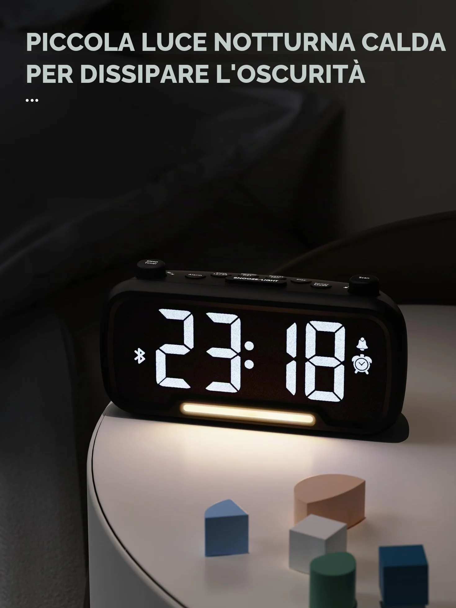 ROCAM Sveglia Digitale da Comodino Radiosveglia Orologio Digitale da Tavolo Funzionamento a rete Dimmer Luce notturna USB Tipo-C DST Batteria di Backup Radio da Cucina