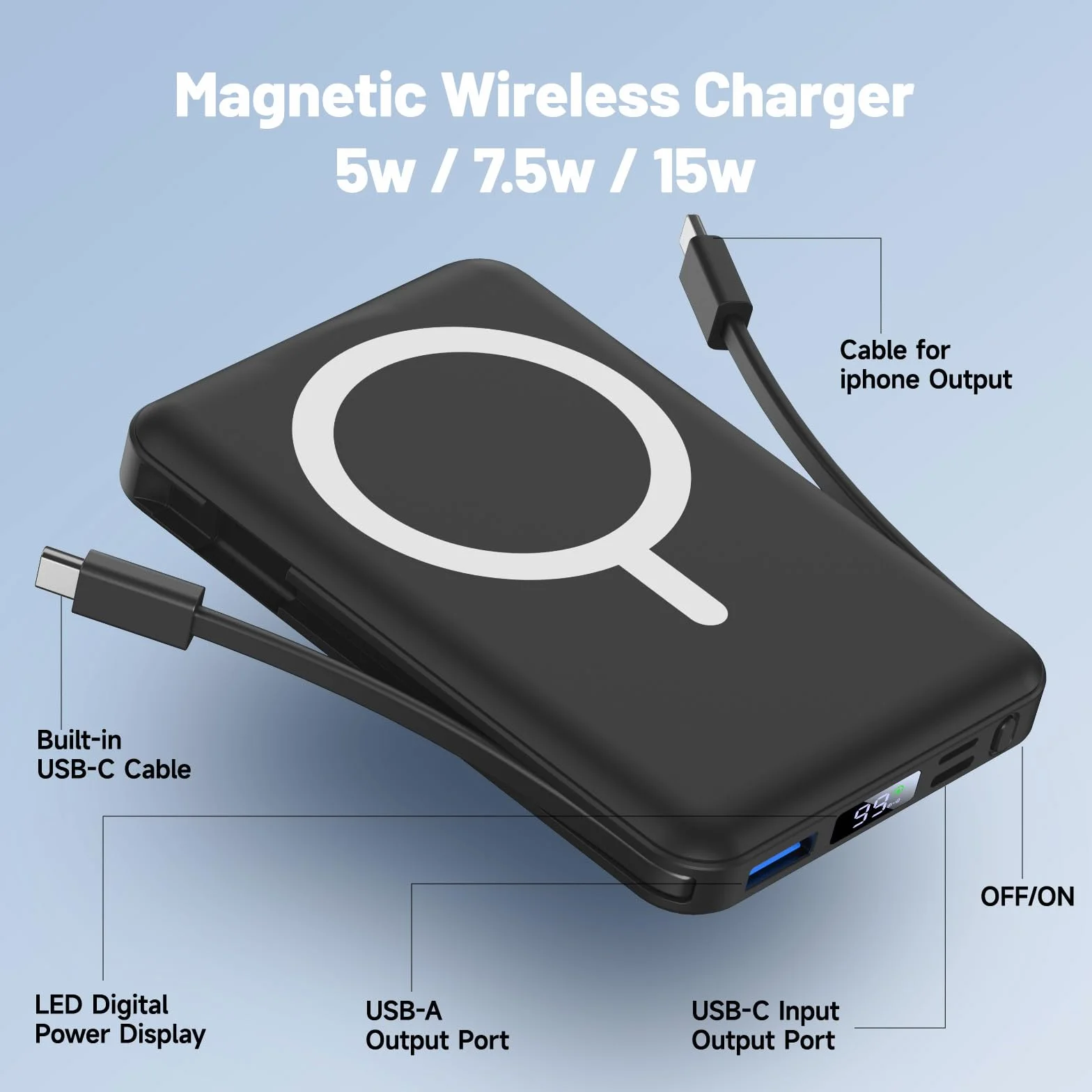 Powerbank Magsafe 10000mAh, Caricatore Portatile Magnetico Wireless 20W con Display LED per iPhone 17/16/15/14/13/12 Pro/Pro Max/Plus Nero