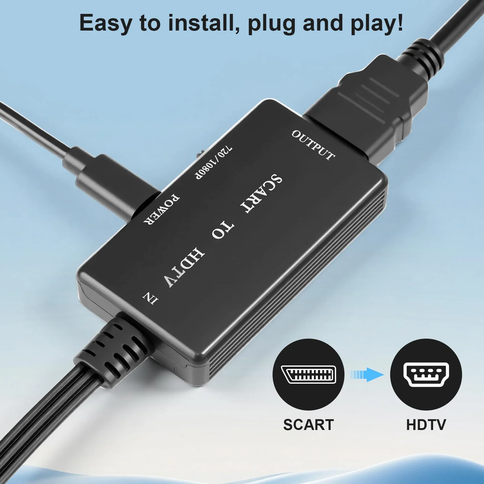 Adattatore SCART a HDMI 1080P, convertitore con cavo HDMI per TV, DVD, VHS, Xbox, PS2, PS3, nero