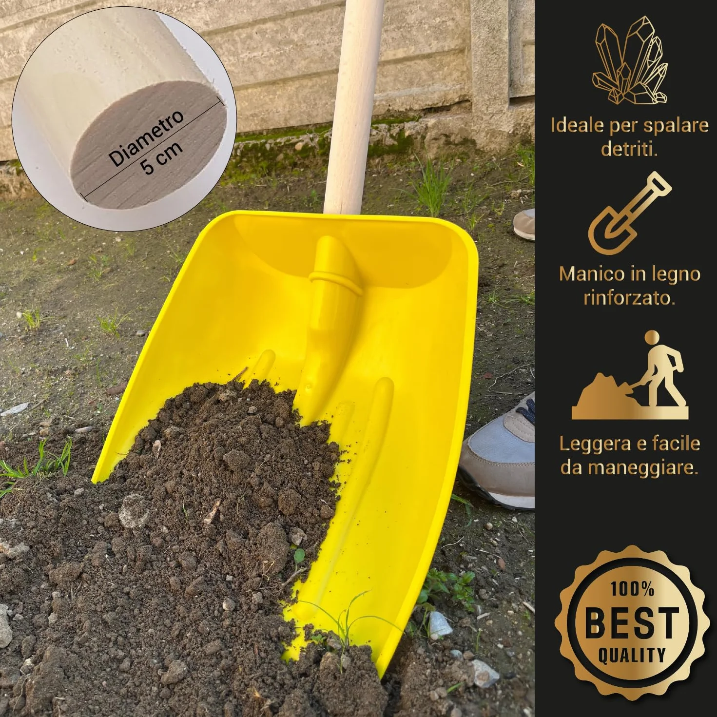 Crisalide® - Badile Super Resistente 37x42 cm con Manico in Legno - Versatile per Uso Agricolo, Giardinaggio e Lavori Pesanti, Multiuso, Pala da Neve