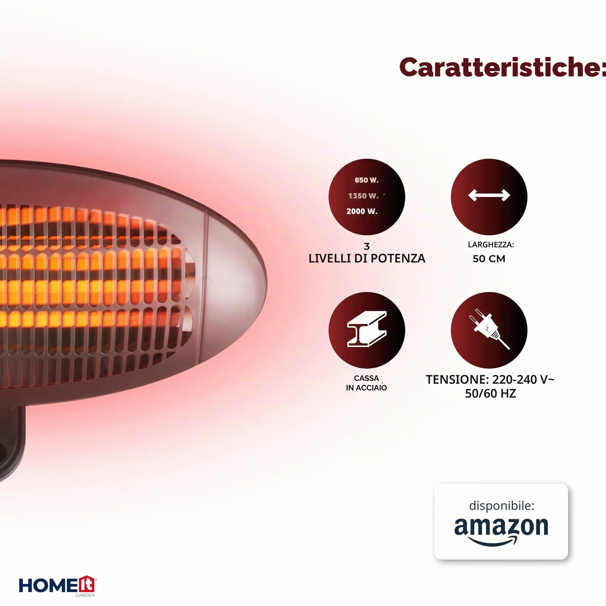 HOME It Stufa da Esterno a Infrarossi da Parete 2000W IP34 Riscaldatore al Quarzo