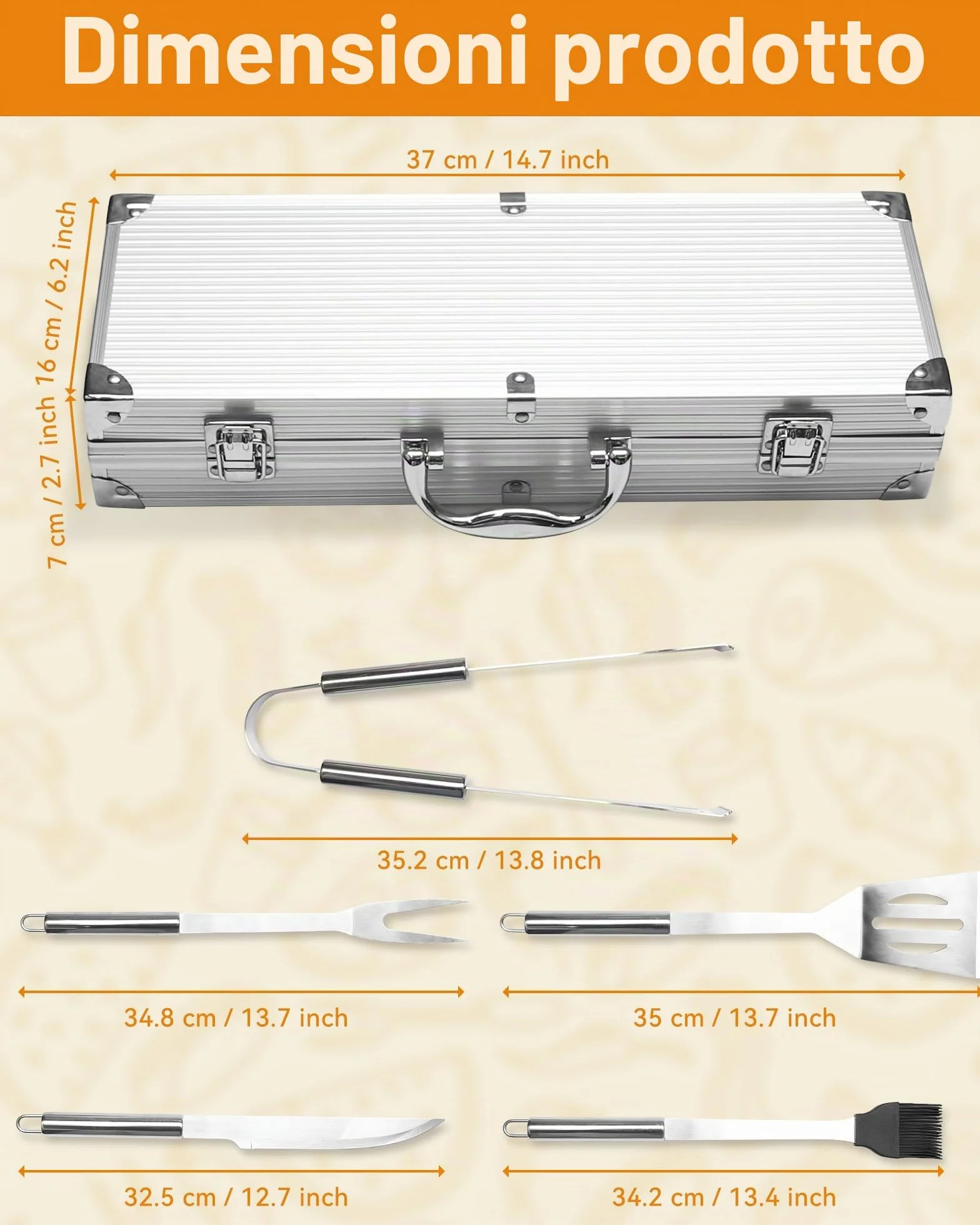 Set barbecue professionale in acciaio inox 5 pezzi - Utensili Barbecue Accessori barbecue regalo per uomini 37x12x7 cm valigetta in alluminio ideale per grigliate e cucina