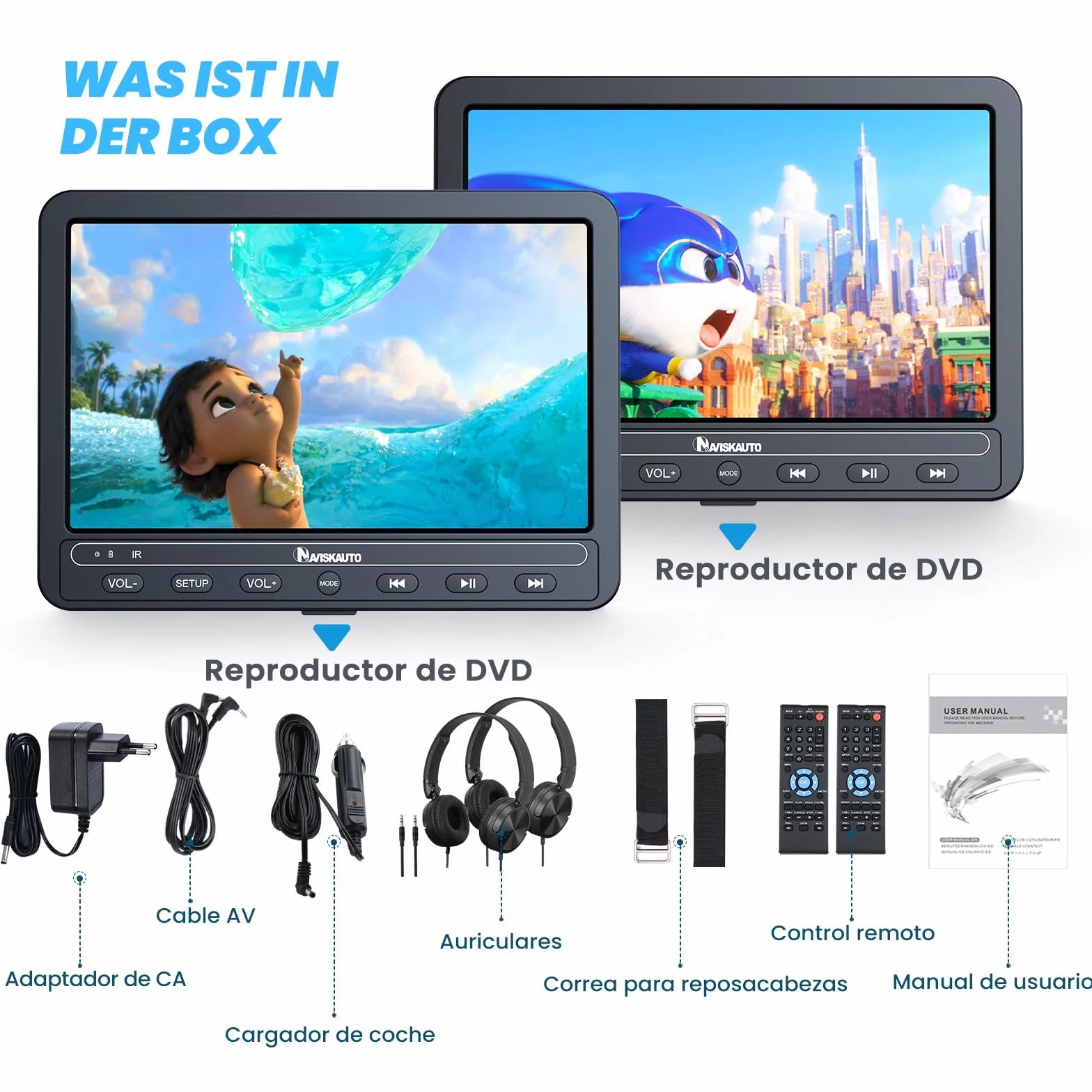 NAVISKAUTO 2 DVD portatile auto per poggiatesta lettore DVD bambini 5 ore batteria ricaricabile SD USB 2 telecomandi