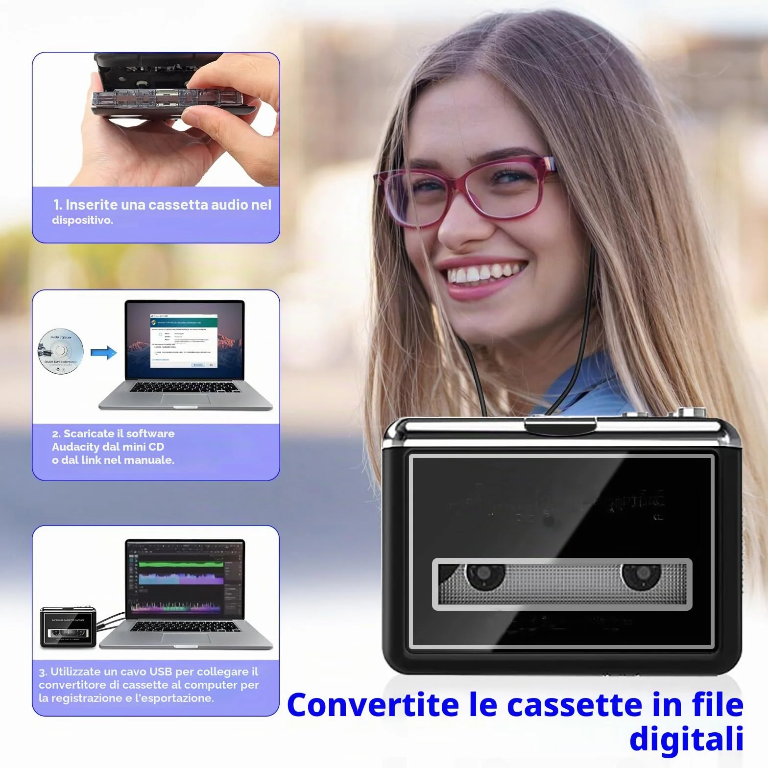 Lettore di Cassette Portatile, Converte in MP3, Compatibile con Computer, Riavvolgimento Automatico, Registrazione Digitale