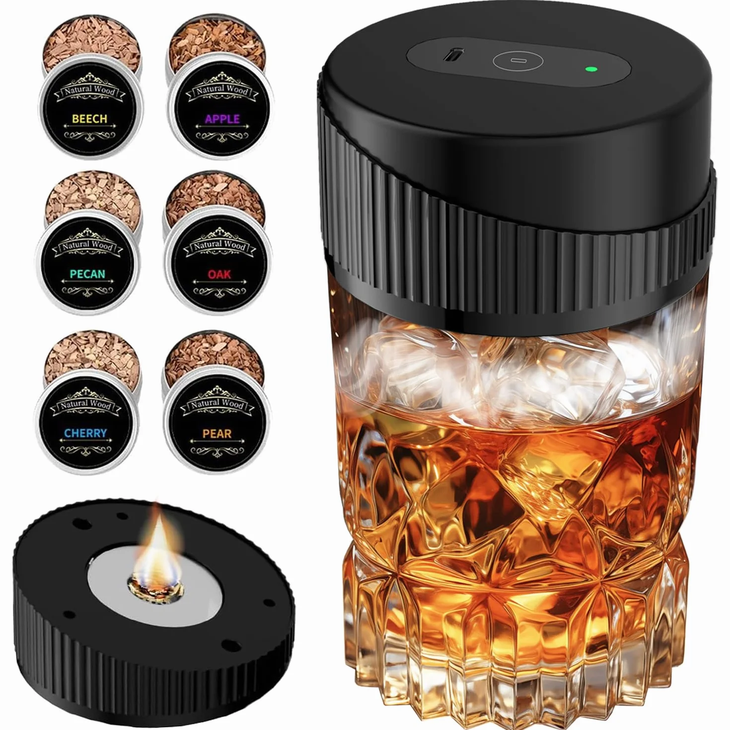 Kit di Fumo di Whisky Elettrico Portatile - Kit di Fumo di Cocktail Multifunzionale Ricaricabile con 6 Truciole di Legno (Senza Butano) - Accendino Incorporato
