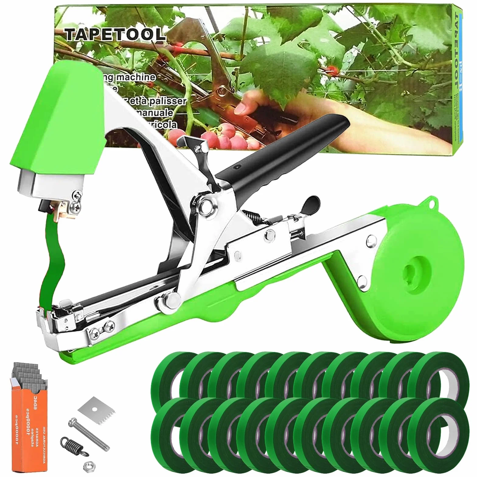 Legatrice per Piante, Attrezzi Orto Pinza Legatrice, Attrezzo a da Giardino Tying Macchina Strumento Nastro a Mano con 20 Rotoli di Nastro Verde per Albero Fiori Verdura Vigneto