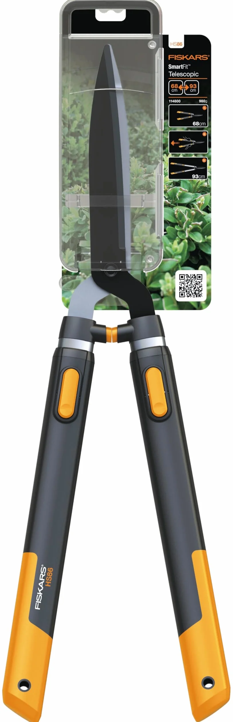 Fiskars SmartFit HS86 Cesoie telescopiche per siepi 68-93 cm Lama acciaio rivestimento antiaderente Nero Arancione