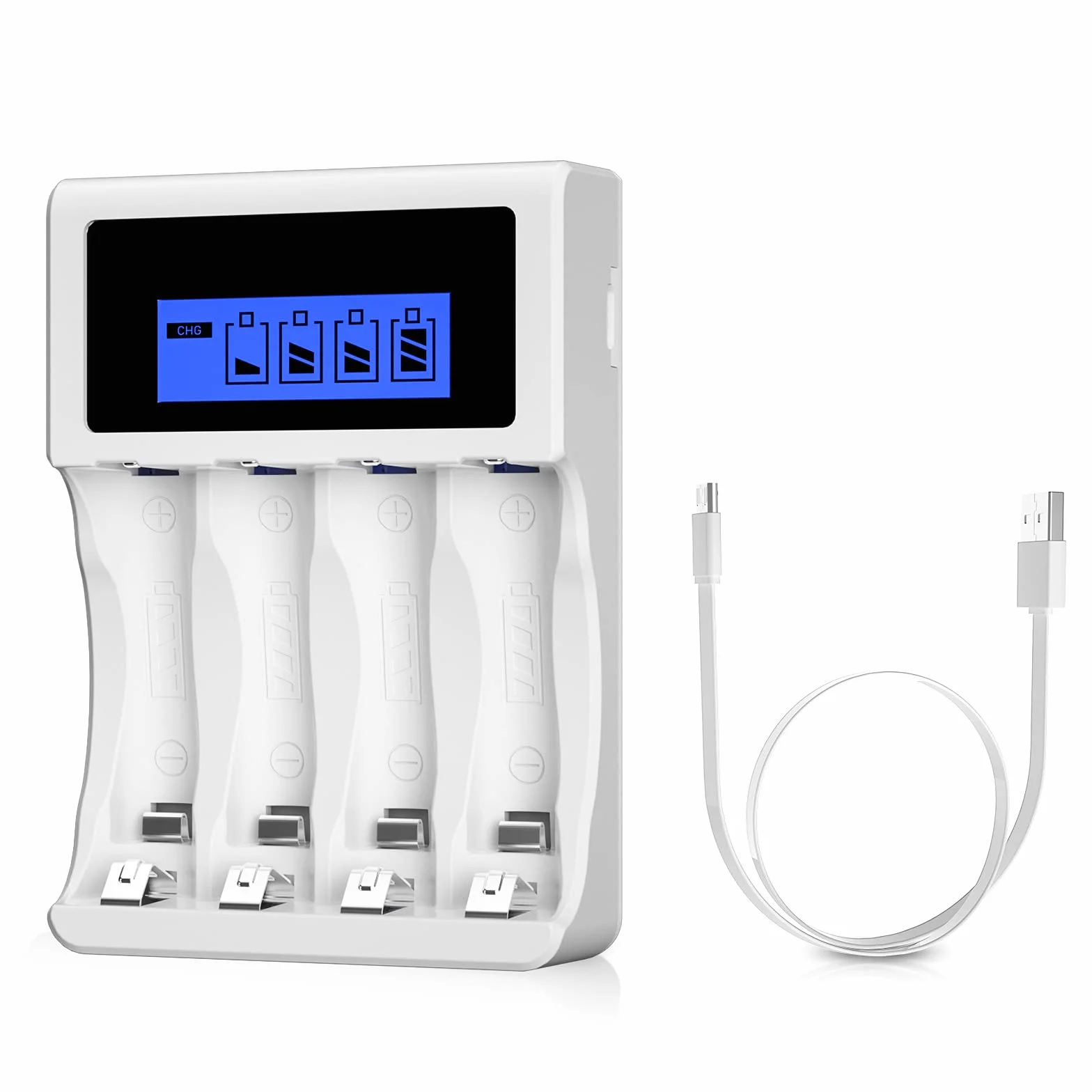 BONAI Caricabatterie per Pile Ricaricabili AA AAA con Display LCD, 4 Slot Indipendenti, Carica Ni-MH, Cavo USB