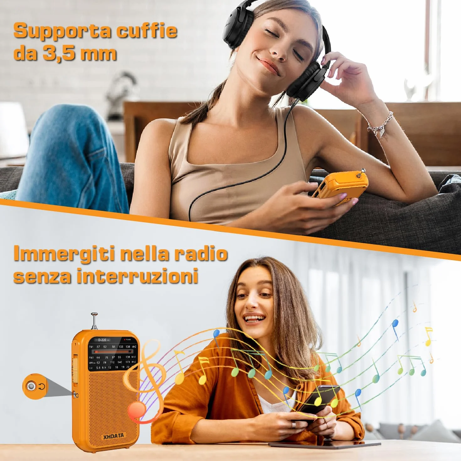 XHDATA D220 Radio Portatile AM FM SW a Pile, Onde Corte, Piccola Ricezione Eccellente (Arancione)