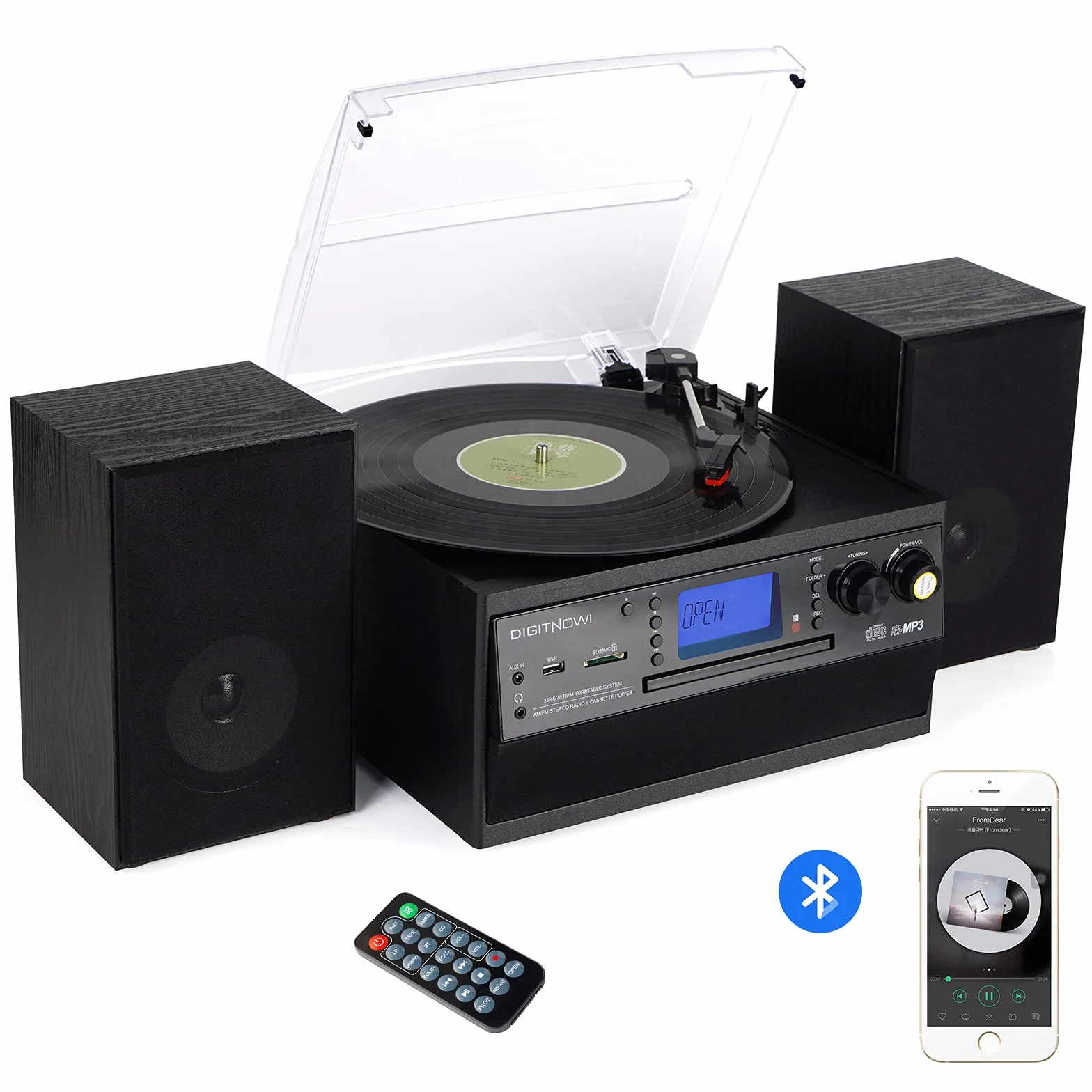 Giradischi Bluetooth DigitNow per CD Cassette Radio AM/FM con Altoparlanti Stereo