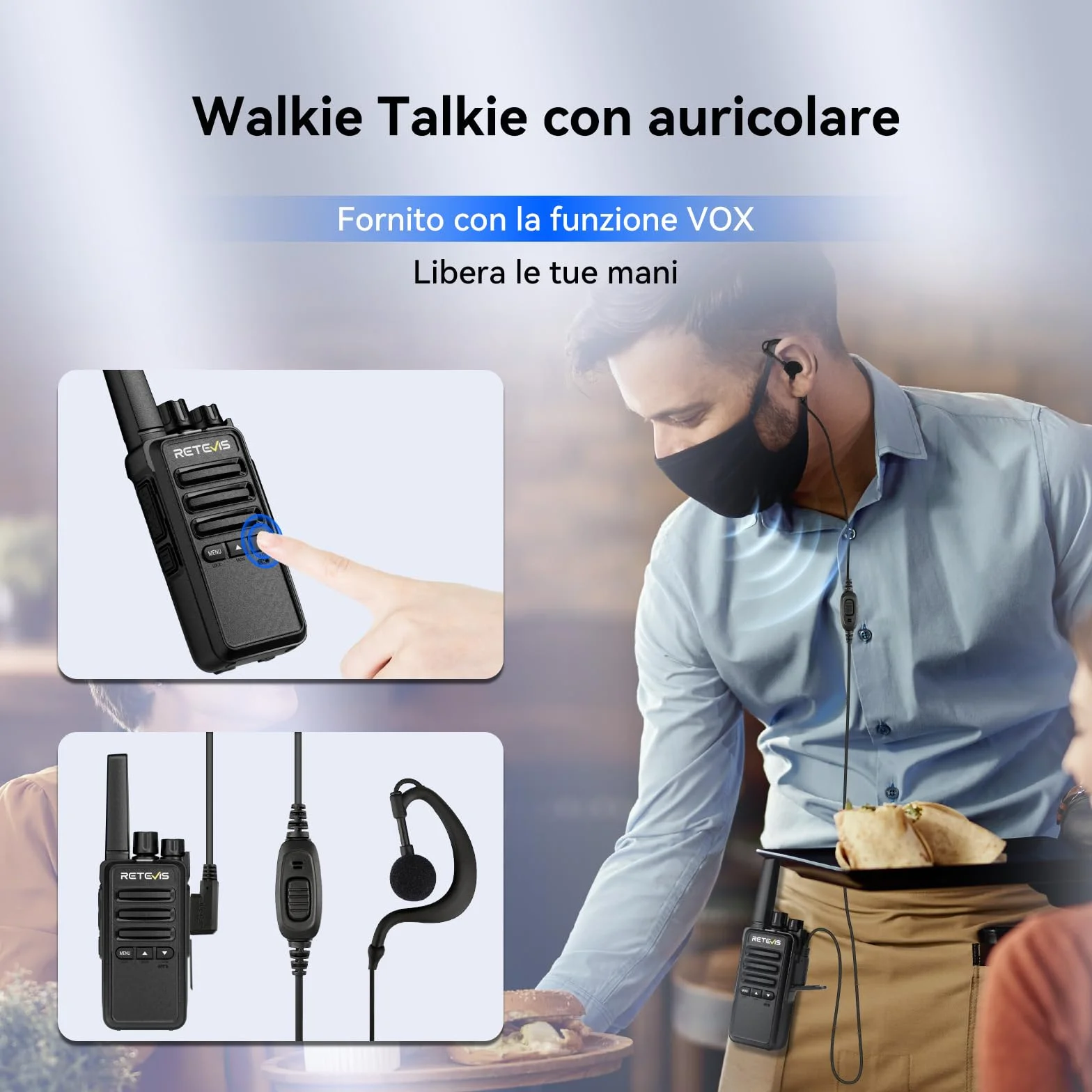 Retevis RT668B Walkie Talkie PMR446 6 Pezzi Nero con Caricatore a 6 Vie e Auricolare