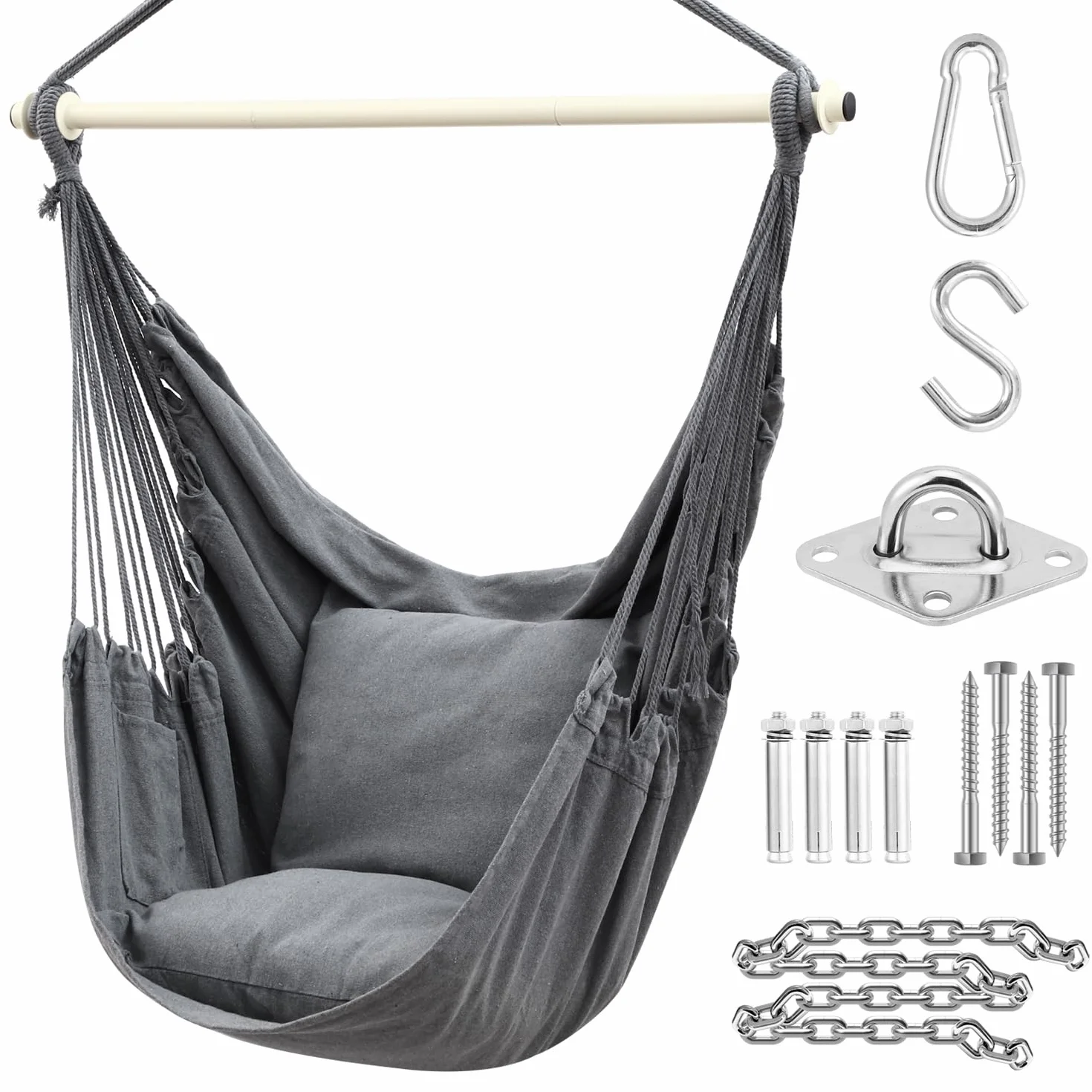 Ohuhu Sedie Sospese Sedia Amaca da Giardino con 2 Cuscini e Robuste Ganci kit, Sedia ad Altalena Sedia a Dondolo Sospesa Costruzione Robusta e Resistente per Balcone, Giardino, Portante 150kg (Grigio)