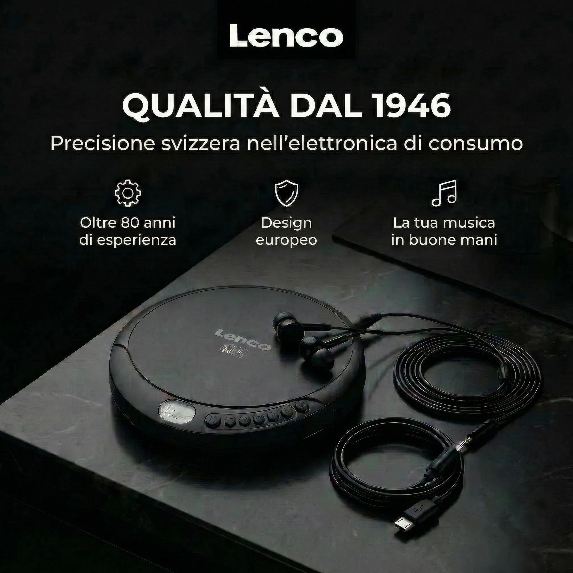 Lenco CD-010 Lettore CD portatile Walkman Nero con cuffie e cavo micro USB