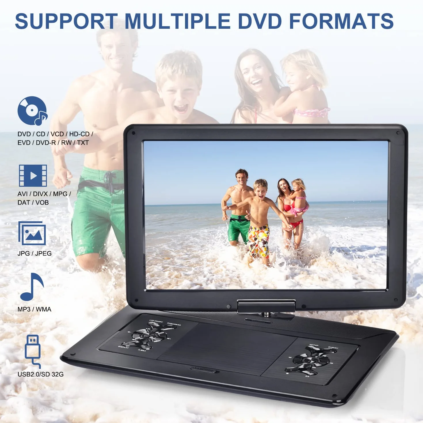 YOOHOO Lettore DVD Portatile 18" Schermo Girevole HD 15,6" Batteria Ricaricabile Multiregione
