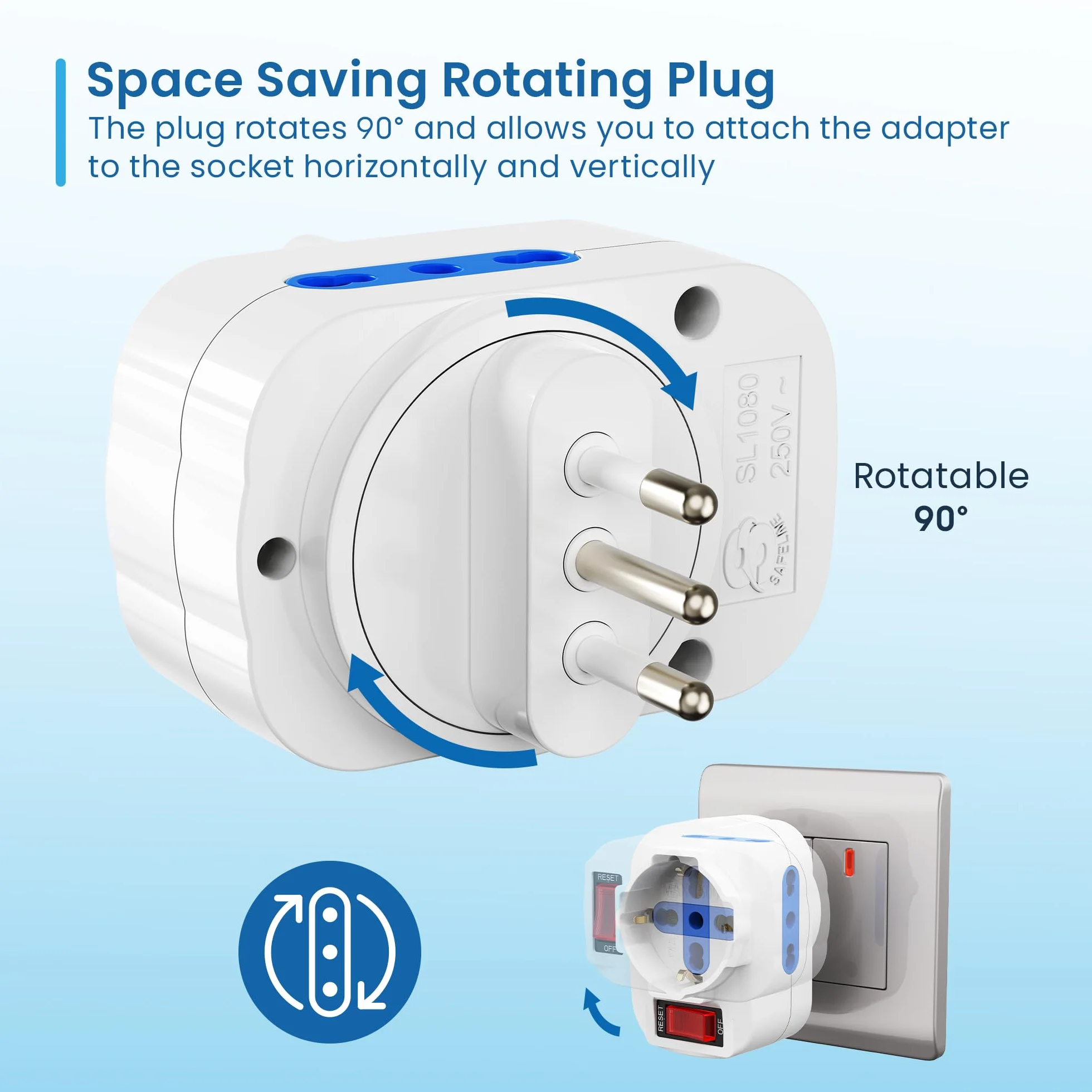 Ewent Adattatore Multipresa Tripla 1500W 10A Spina Rotante 90° Bianco