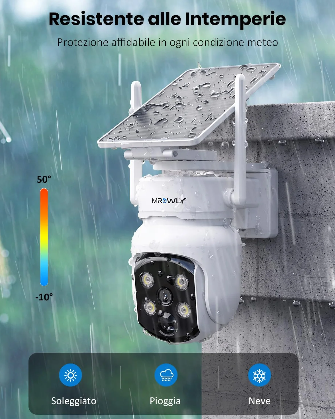 Telecamera Wi-Fi Esterno con Pannello Solare 2 in 1, 4MP/2.5K Senza Fili, 360°, Visione Notturna a Colori, Rilevamento PIR