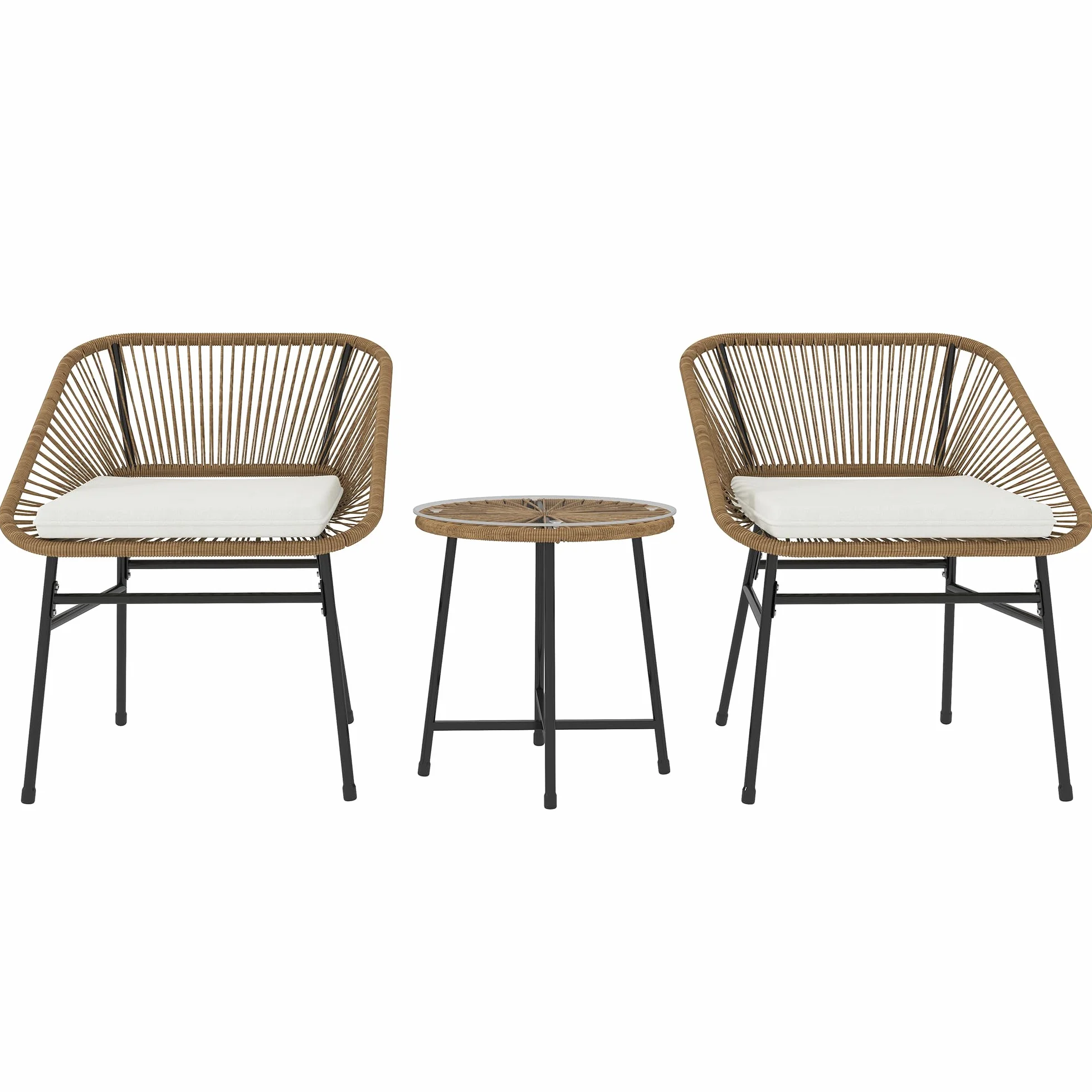 Outsunny Set da Giardino 3 Pezzi in Rattan PE e Acciaio, Set 2 Sedie con Cuscini e Tavolino da Caffè a Cilindro con Piano in Vetro, Set di Mobili da Balcone, per Patio e Cortile, Color Legno