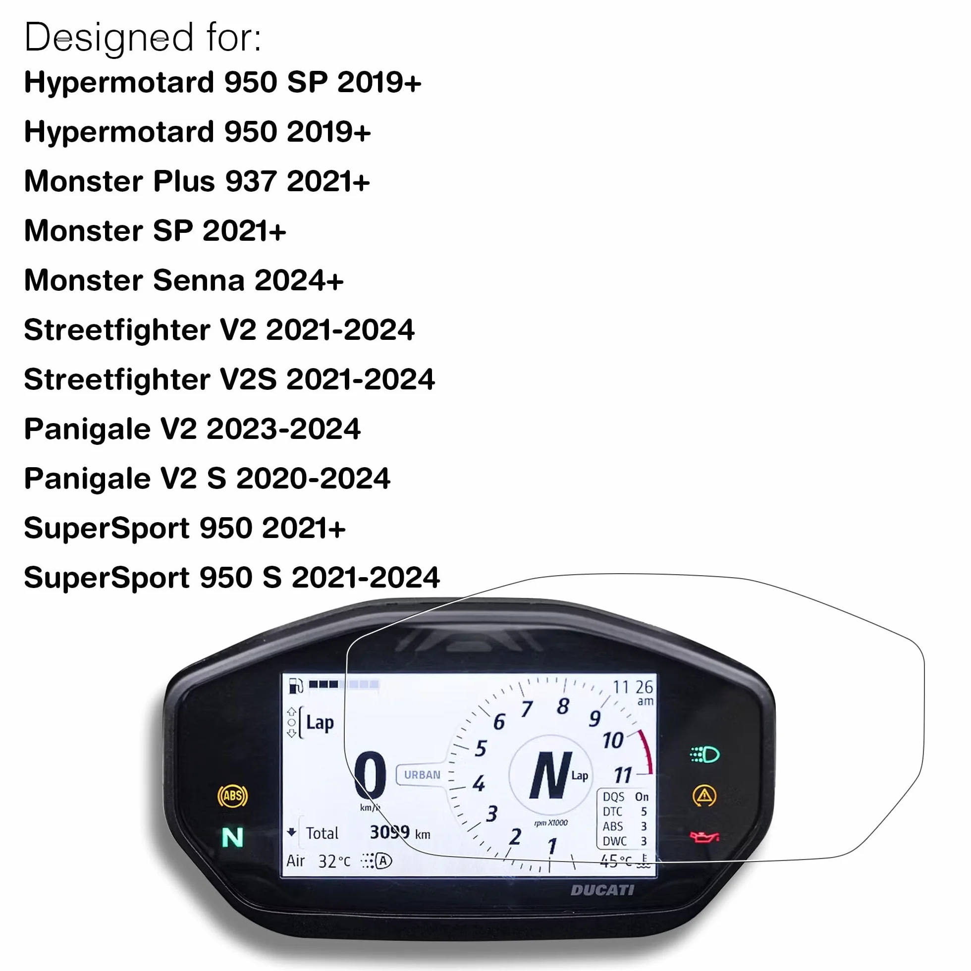 Pellicola protettiva in vetro per Ducati Hypemotard 950 SP, Moster SP Plus 937, Monster Senna, Streetfighter V2 S, Penigale V2 S, SuperSport 950 S Instrument Display 4,3 pollici HD