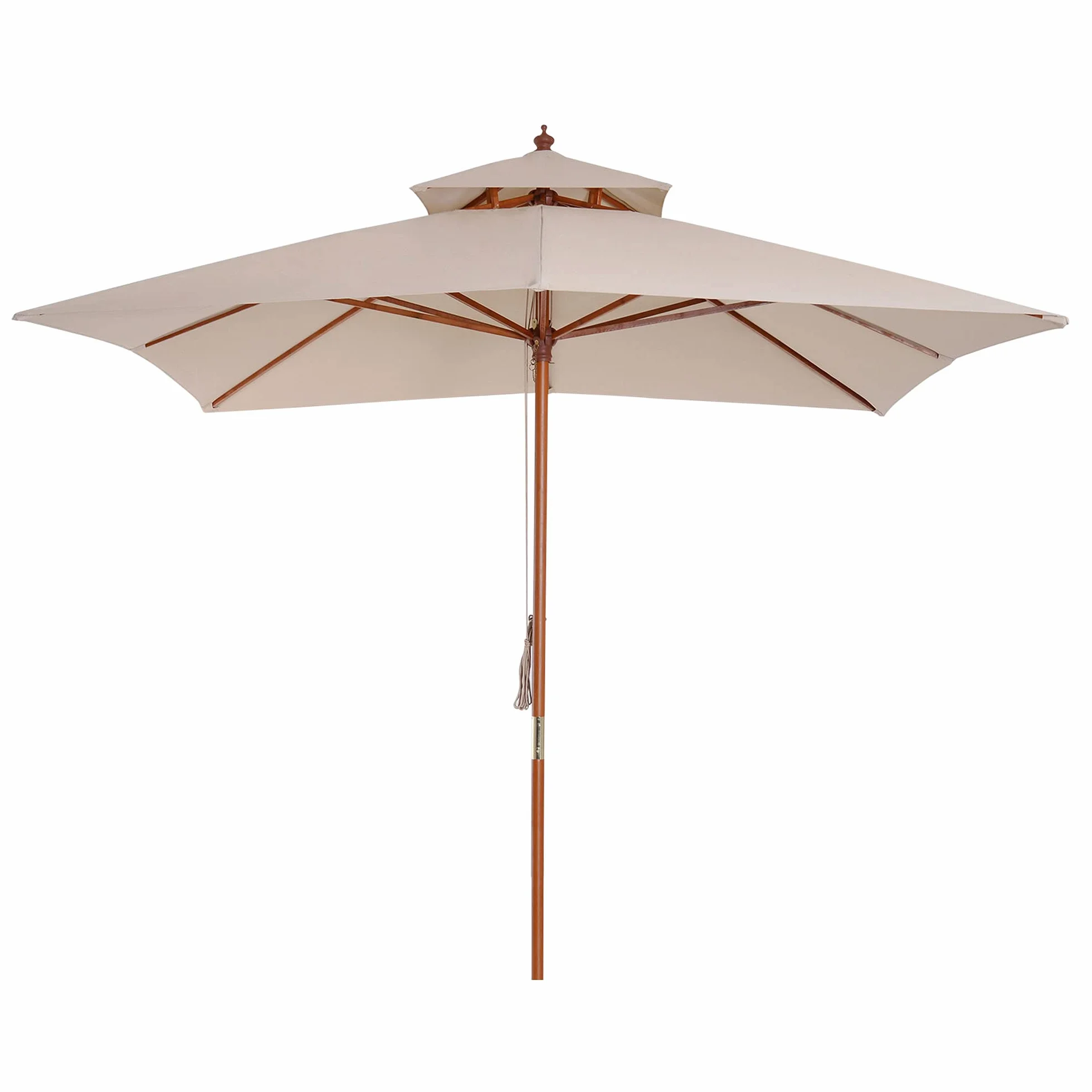 Outsunny Ombrellone da Giardino 3x3 m con Sistema a Corda, Parasole a 2 Livelli, Ombrellone da Esterno Quadrato a 8 Stecche, in Bambù, Legno Pioppo e Poliestere, per Cortile Balcone, Crema
