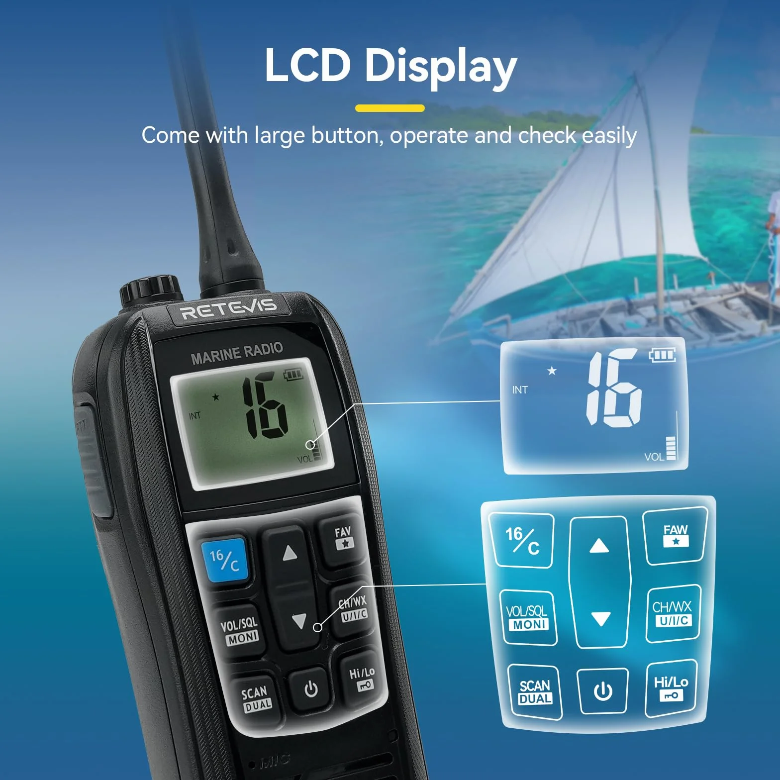 Retevis RM22 VHF Marino Portatile Walkie Talkie Impermeabile IP67 Galleggiante 2200 mAh 88 Canali Radio Marina Bidirezionale