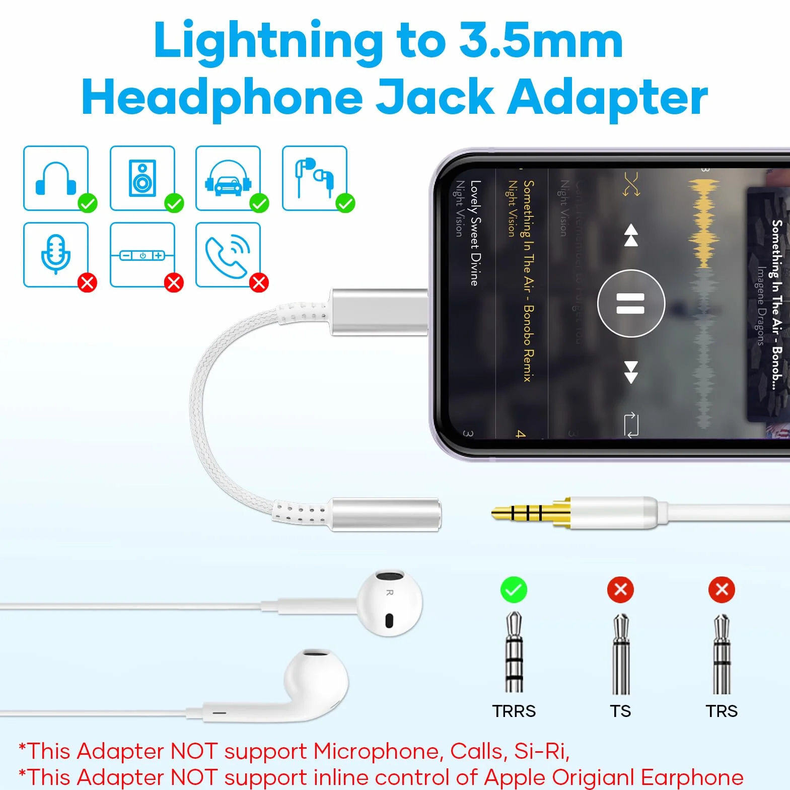Adattatore Lightning Jack 3,5 mm MFi per Cuffie Compatibile iPhone 14/13/12/11/X/8/7/iOS Bianco Argento