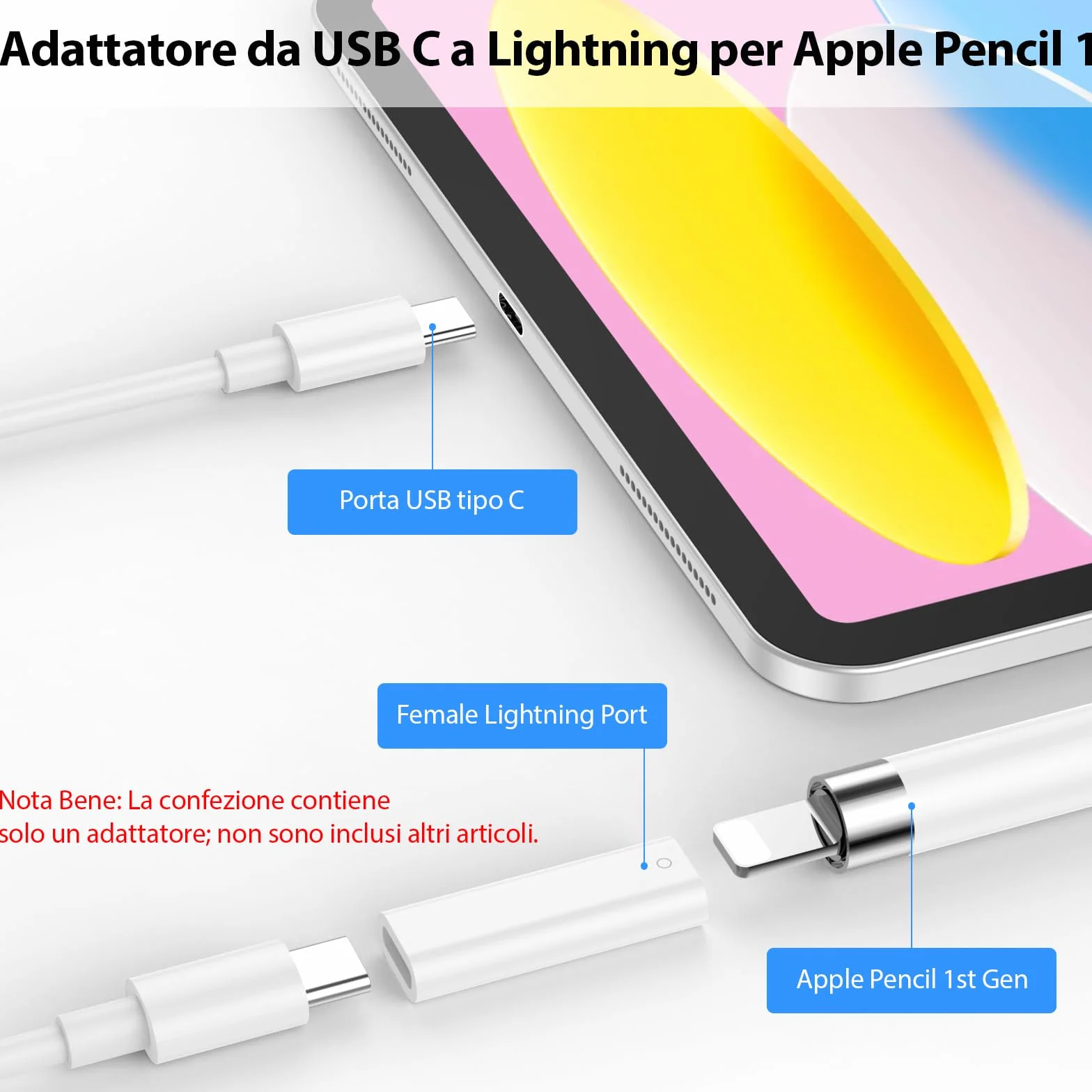 Adattatore USB-C per Apple Pencil 1 Generazione, Supporta Bluetooth per iPad 10 2022 e iPad 11 2025, Caricatore USB C, Bianco