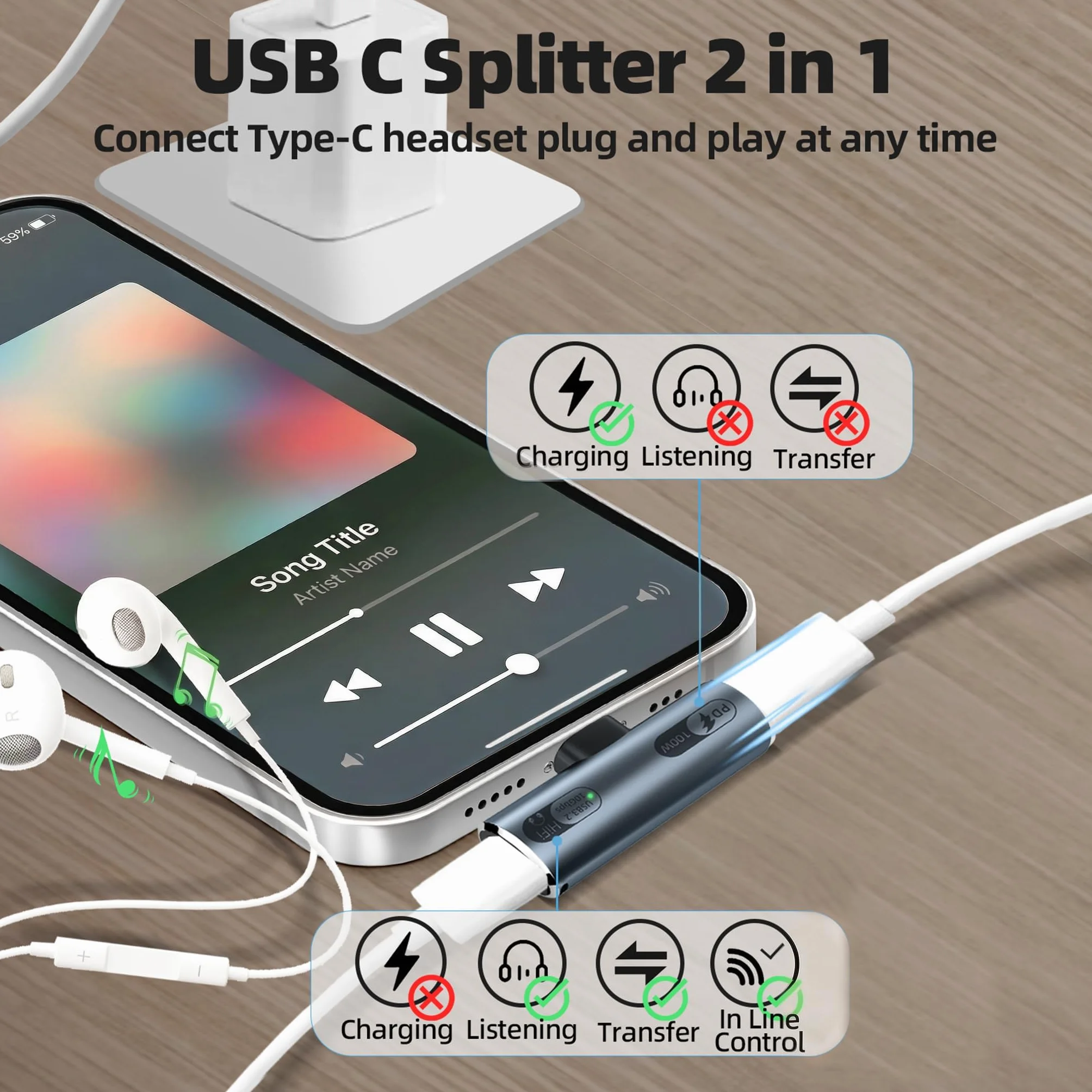Adattatore USB-C 2 in 1 Audio e Ricarica Rapida 100W per Laptop Tablet Smartphone Grigio