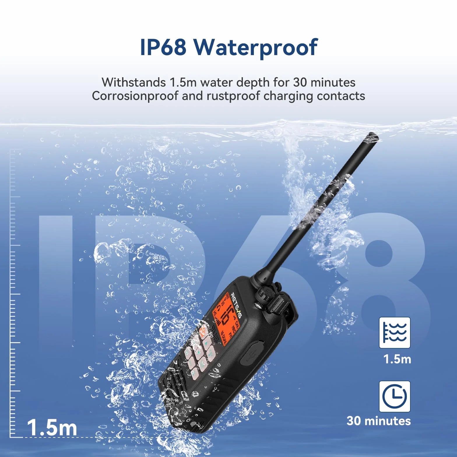 Retevis RM15 VHF Marino Walkie Talkie Portatile Galleggiante IP68 2000 mAh Batteria Schermo Due Colori 88 Canali Radio Bidirezionale per Barche Nero
