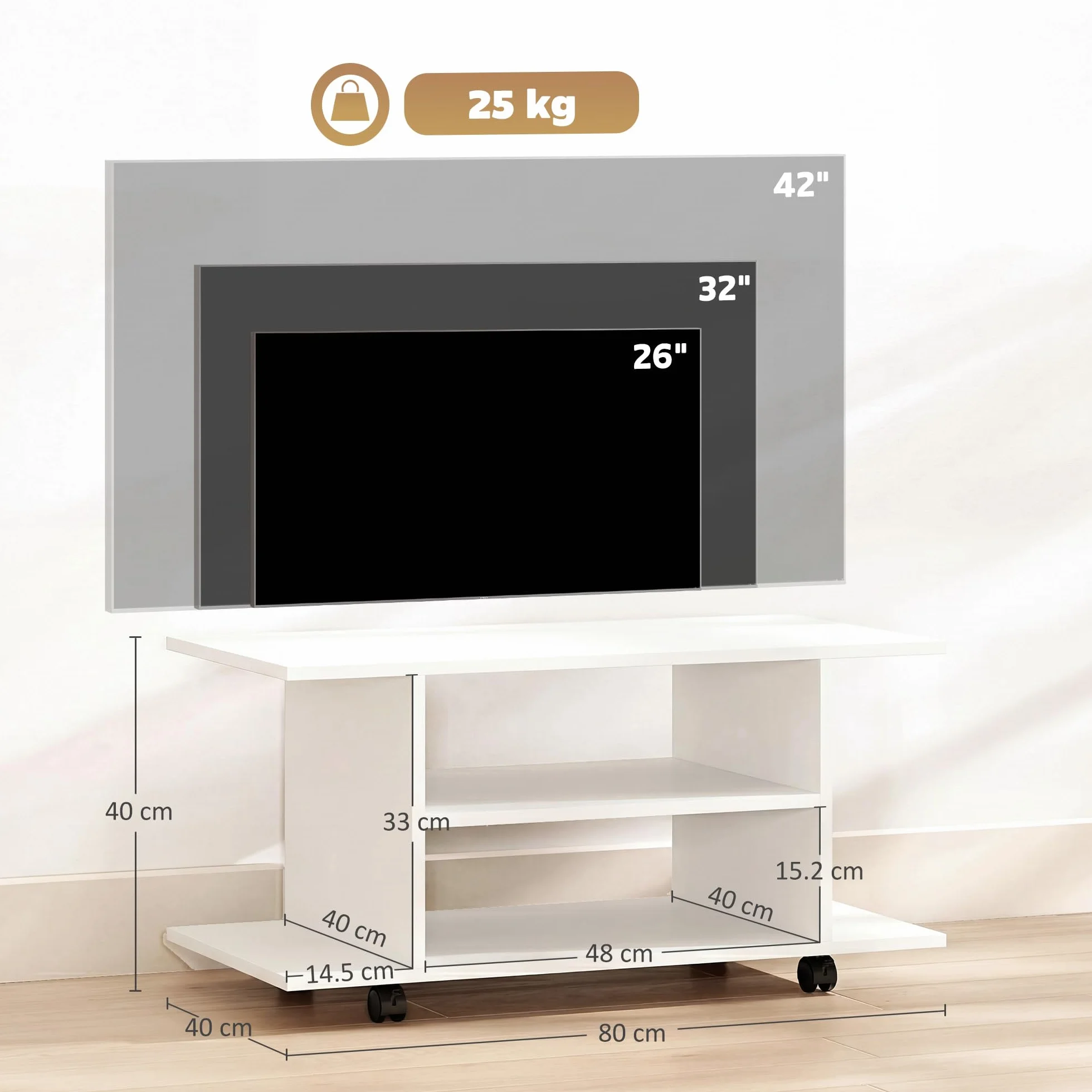 HOMCOM Mobile TV Moderno con Ripiani, 42" Porta TV con Ruote, 80x40x40 cm, Bianco