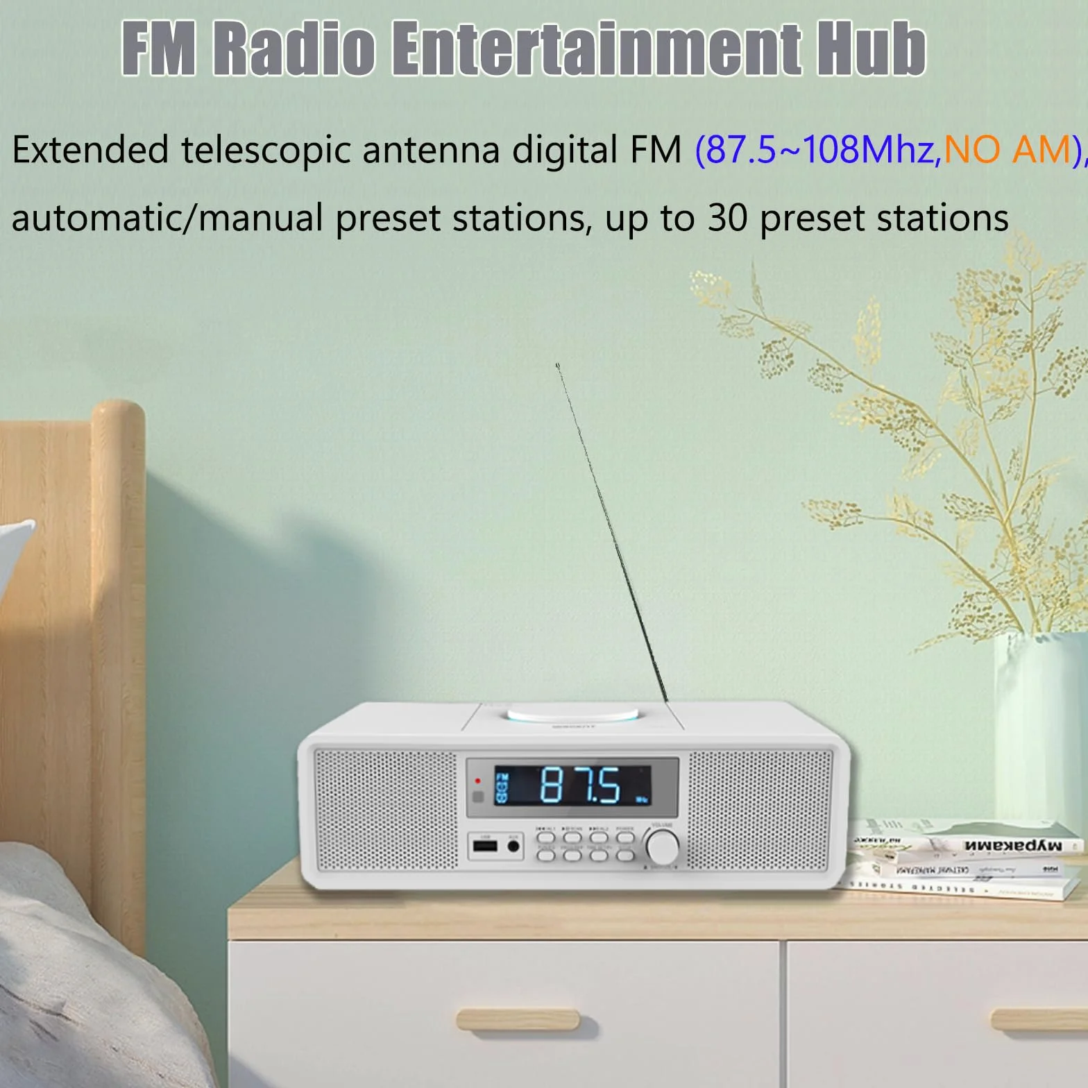 Radio Compatta con Lettore CD, Sistema Audio 20 W RMS, Bluetooth, USB, MP3, AUX, Sveglia Digitale