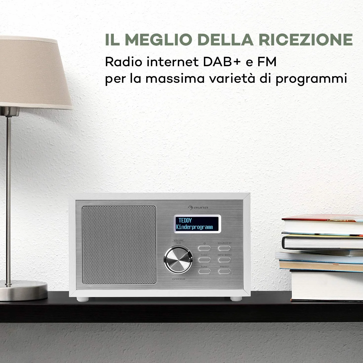 auna Ambient Radio DAB+/FM Bluetooth 5.0 A2DP Display LCD AUX-In Cuffie Effetto Legno Bianco
