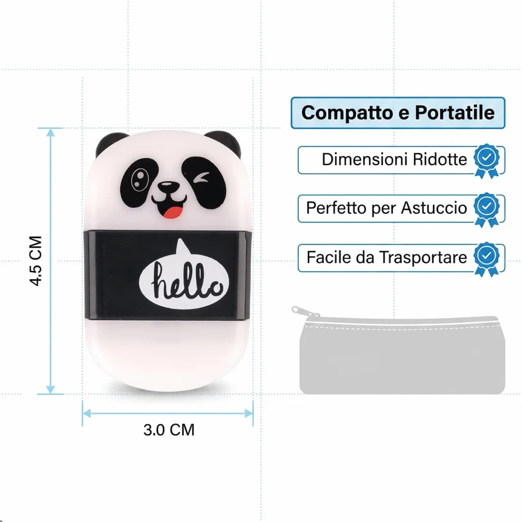 Colourbook Temperamatite 3 in 1 con Gomma e Contenitore Trucioli, Design Panda, Mini Temperino Compatto per Scuola, 4x1,5x1,5 cm